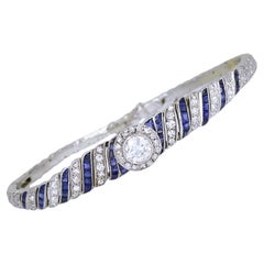 Art Deco Platinum Bracelet Old European Cut Diamond Sapphire Estate Jewelry