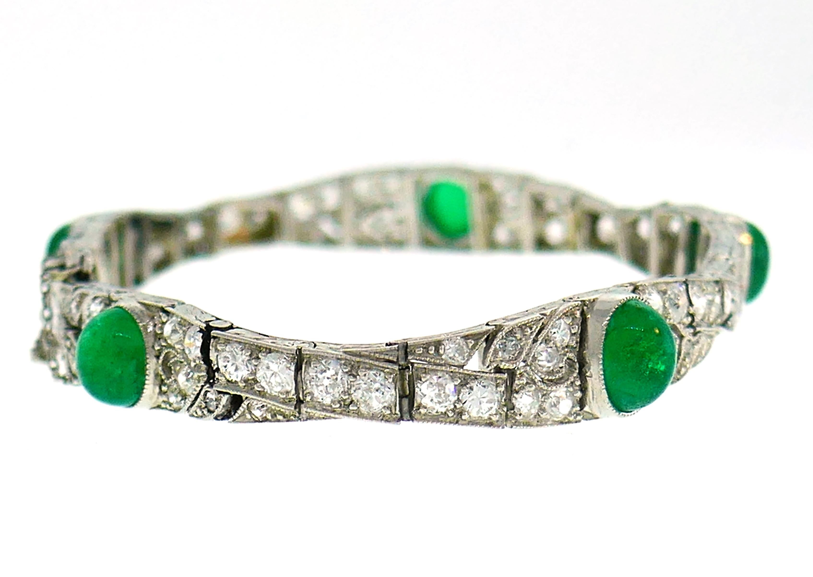 Women's Art Deco Platinum Bracelet with Diamond and Emerald