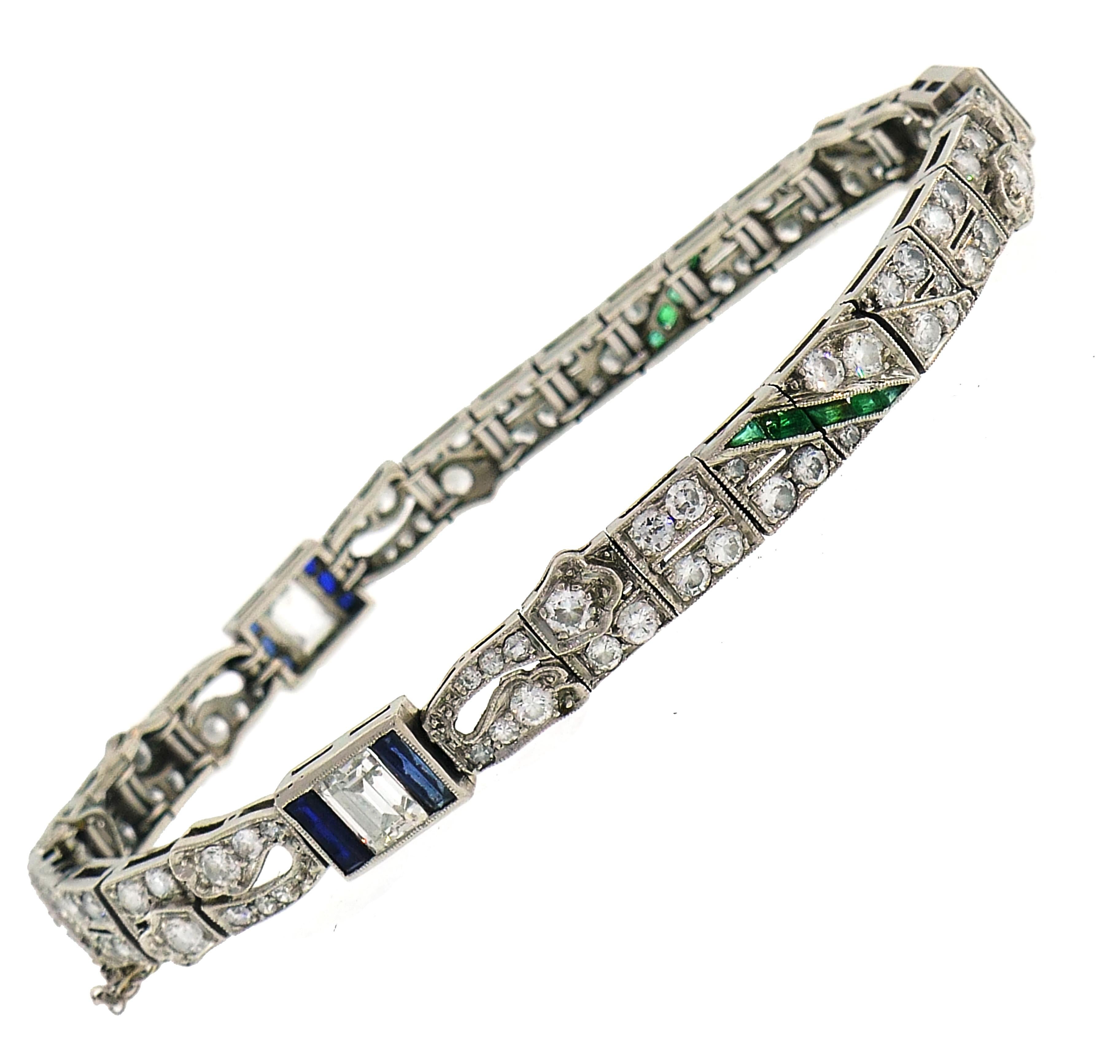Women's Art Deco Platinum Bracelet with Diamond Sapphire Emerald For Sale