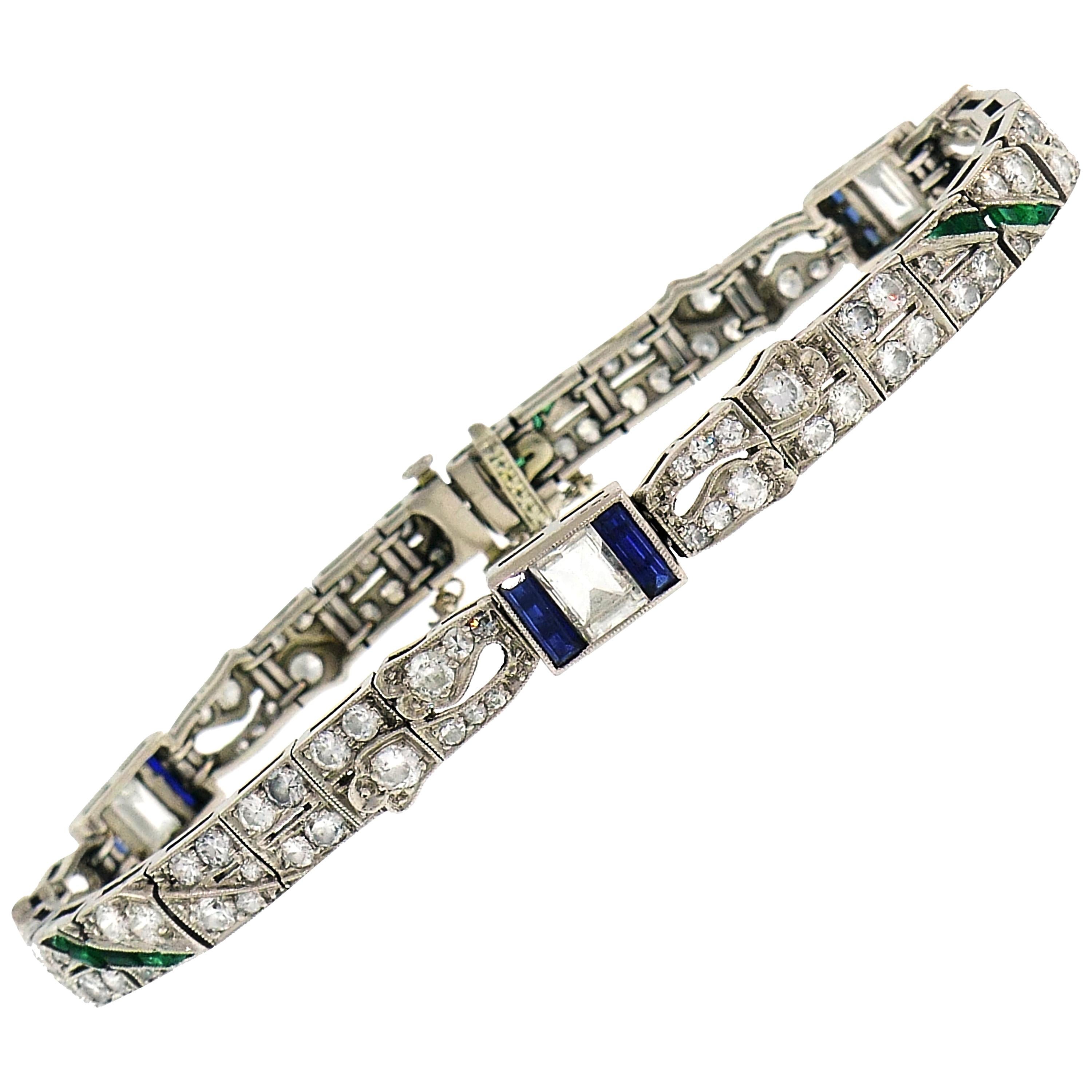 Art Deco Platinum Bracelet with Diamond Sapphire Emerald