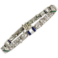 Vintage Art Deco Platinum Bracelet with Diamond Sapphire Emerald