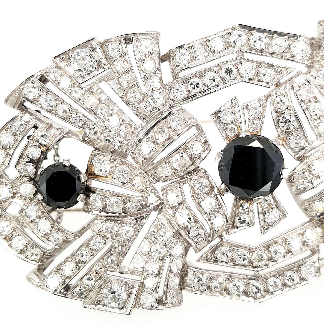 Art Deco Platinum Brooch, 3.70ct Black Diamonds and 5ct White Diamonds For Sale 1