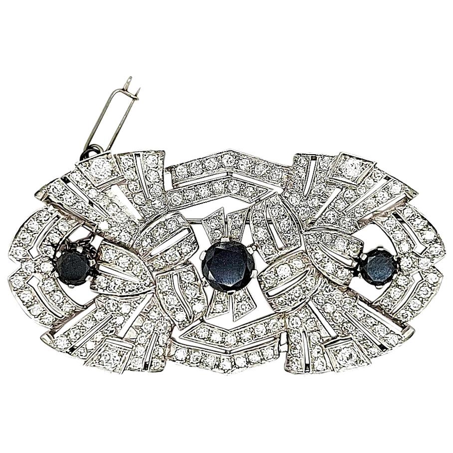 Art Deco Platinum Brooch, 3.70ct Black Diamonds and 5ct White Diamonds