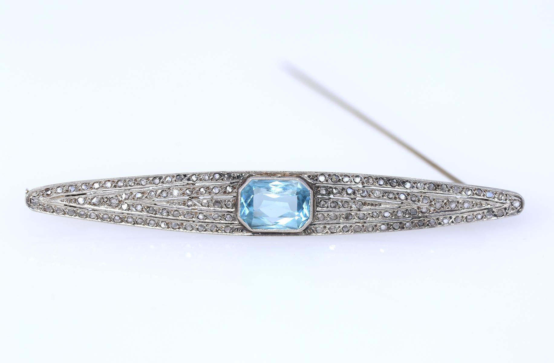 Late Art Deco Platinum Brooch with fine Aquamarine and old cut Diamonds. It is a long and elegant pin brooch a really fine example of the era and a great addition to a jewelry collection. 
Once it was common to communicate a message via pin or