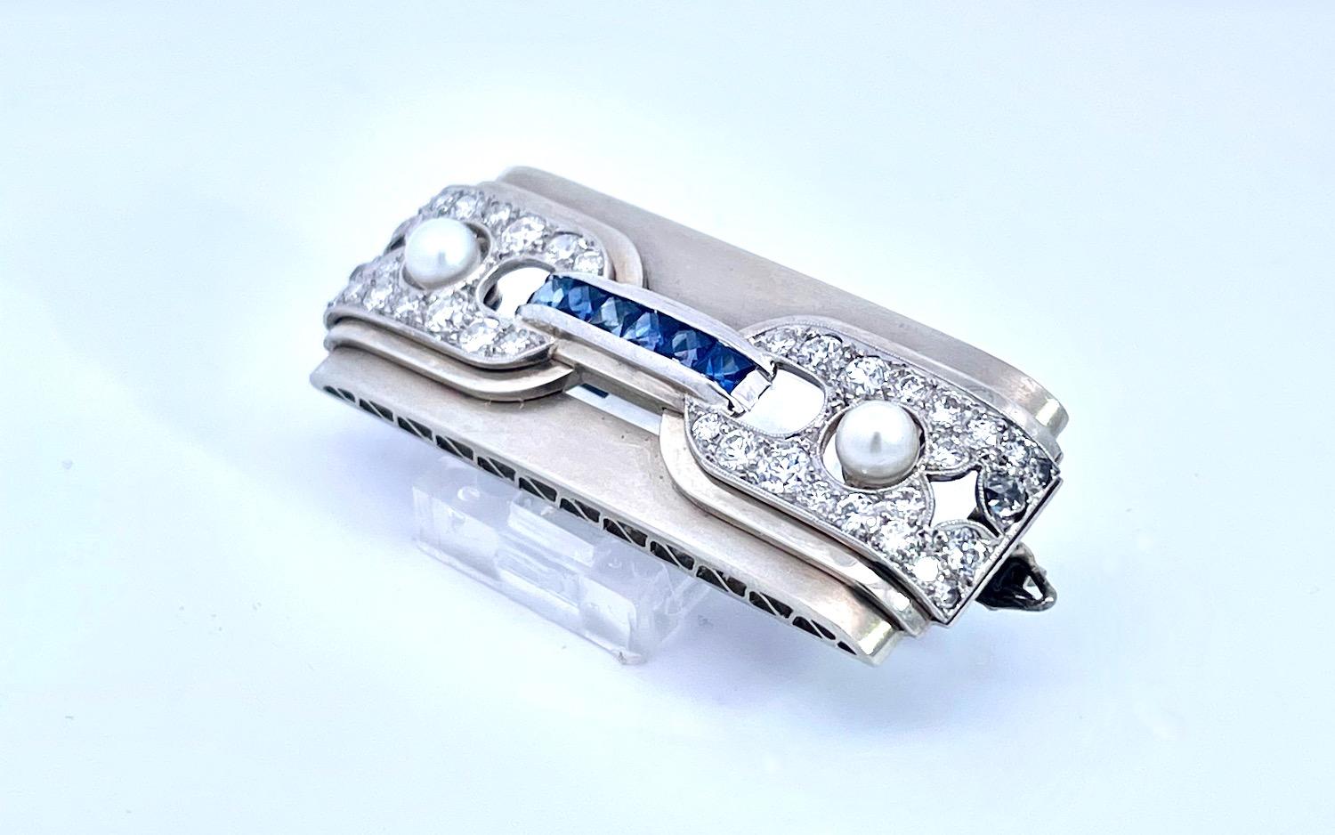 Women's or Men's Art Deco Platinum Brooch Sapphires Diamonds Pearls For Sale