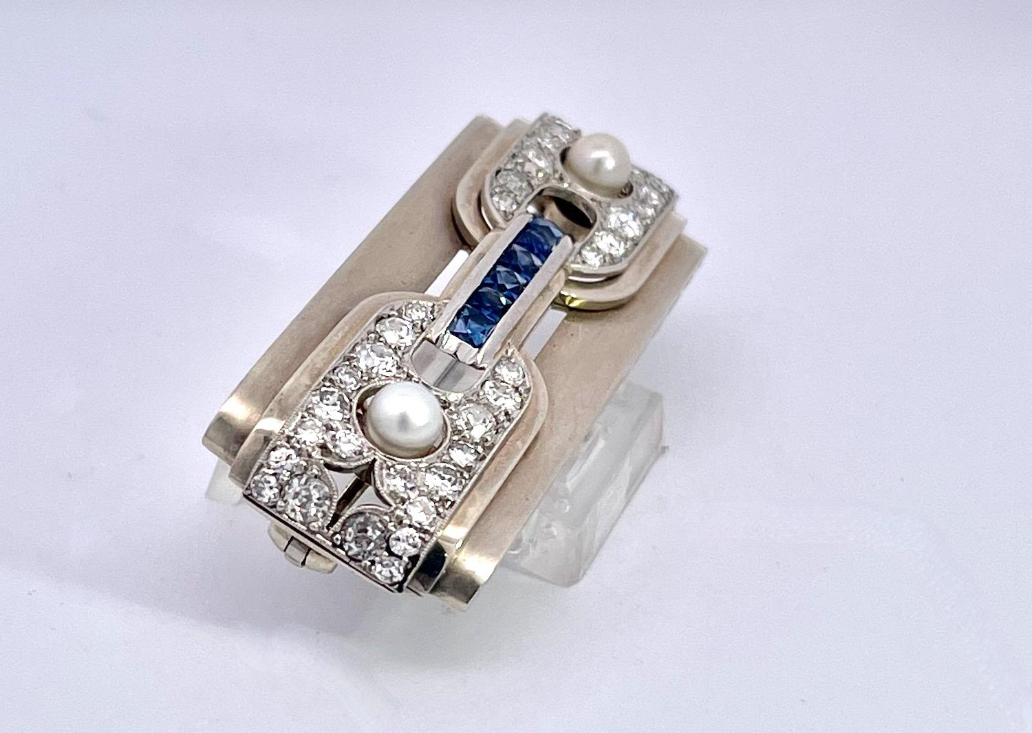 Art Deco Platinum Brooch Sapphires Diamonds Pearls For Sale 2