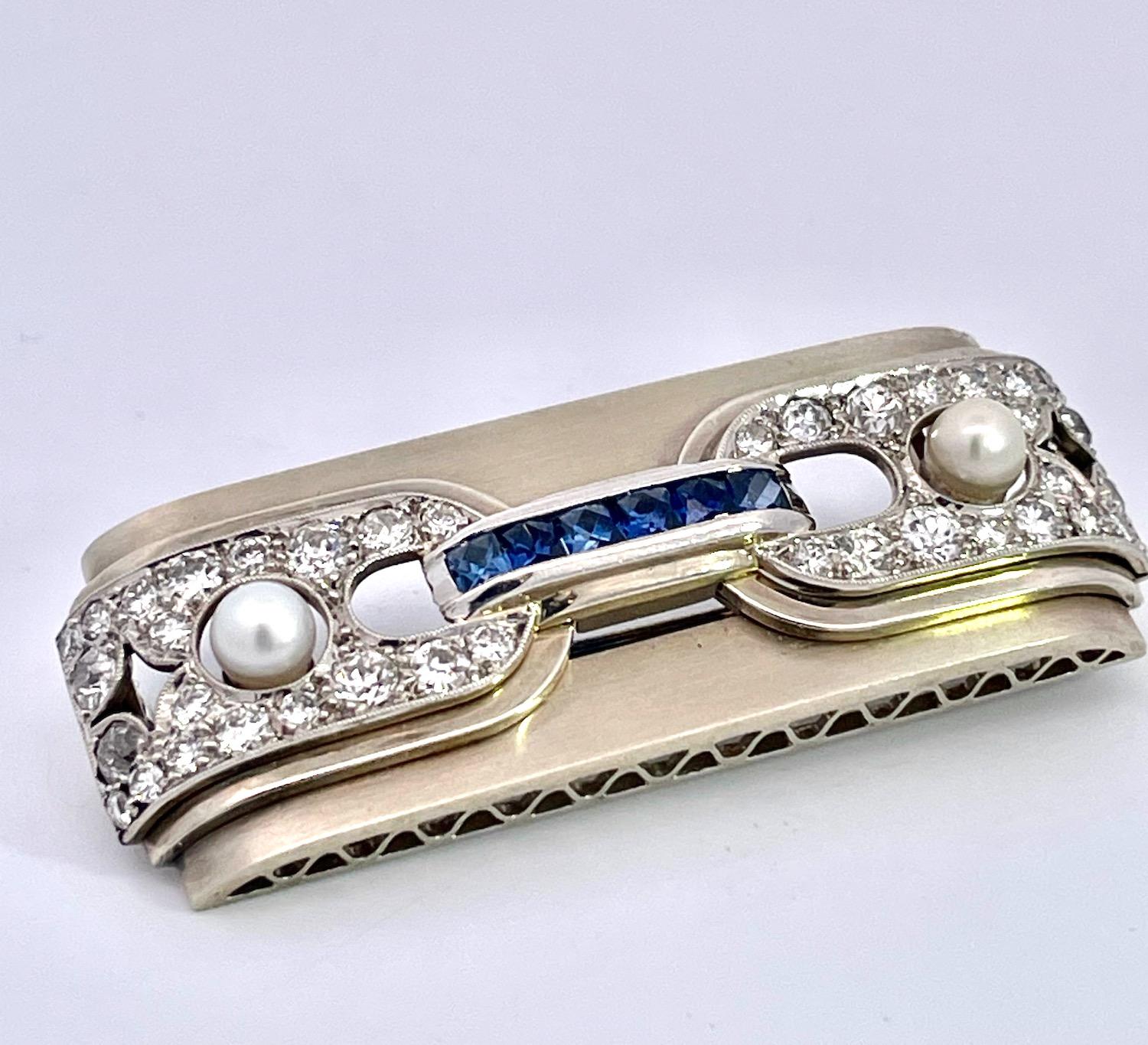 Art Deco Platinum Brooch Sapphires Diamonds Pearls For Sale 3