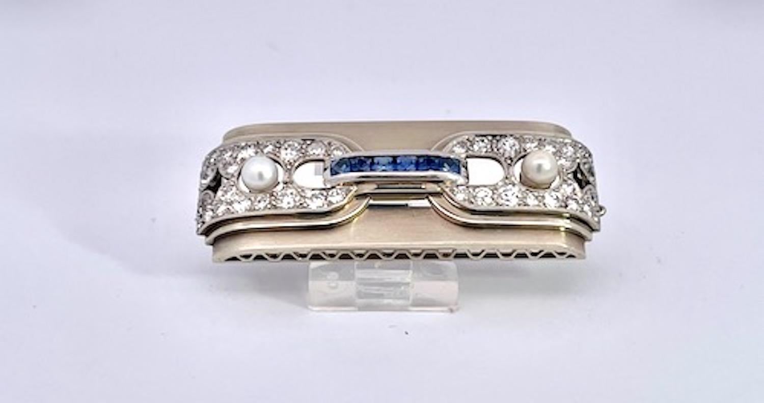 Art Deco Platinum Brooch Sapphires Diamonds Pearls For Sale 4