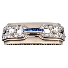 Art Deco Platinum Brooch Sapphires Diamonds Pearls