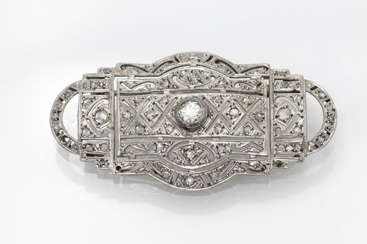 Art Deco Platinum Brooch with Old Cut Diamonds 0.57ct In Good Condition In Chorzów, PL
