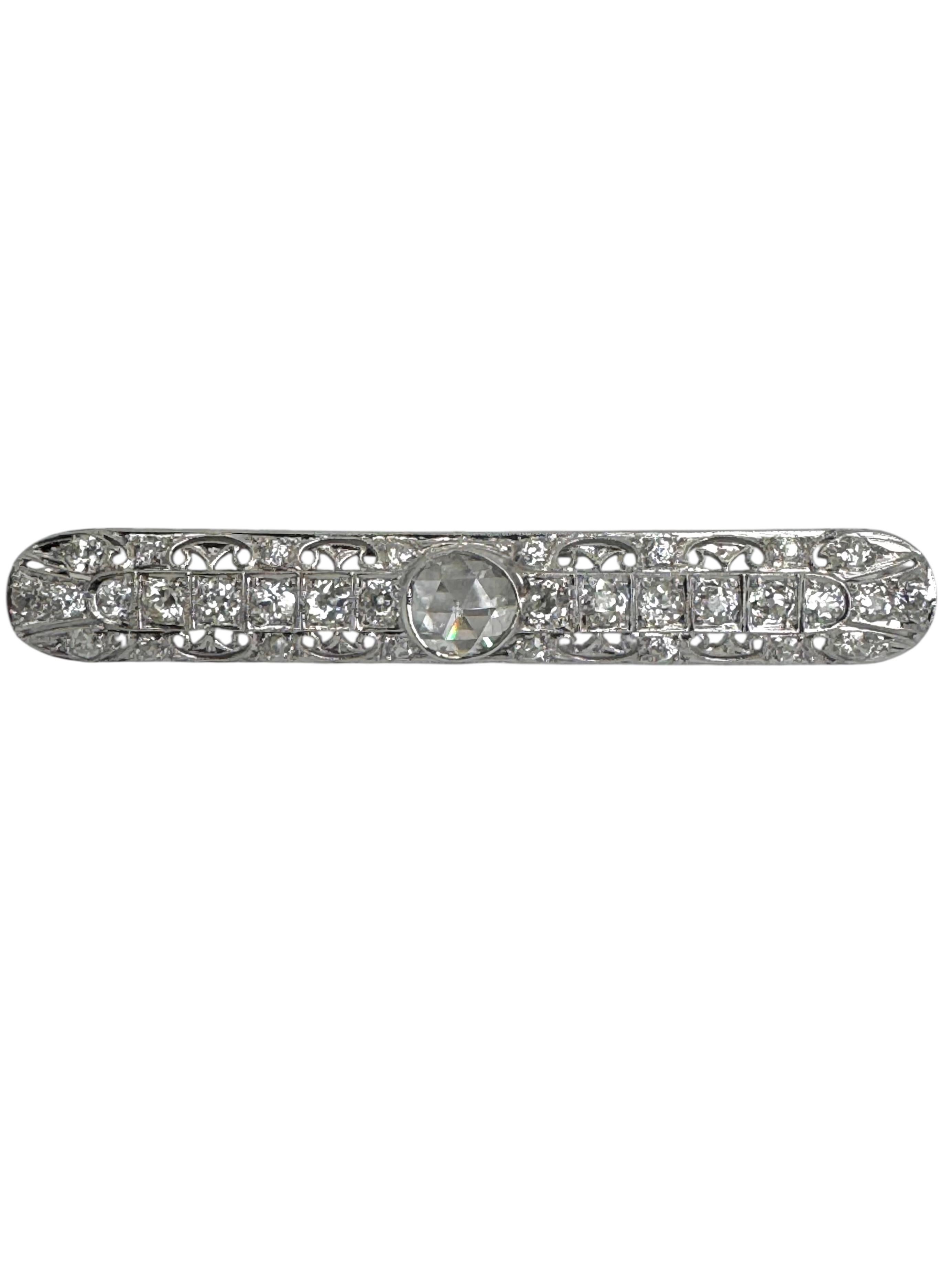 Rose Cut Art Deco Platinum Brooch with Old Mine and Rose-Cut Diamonds For Sale