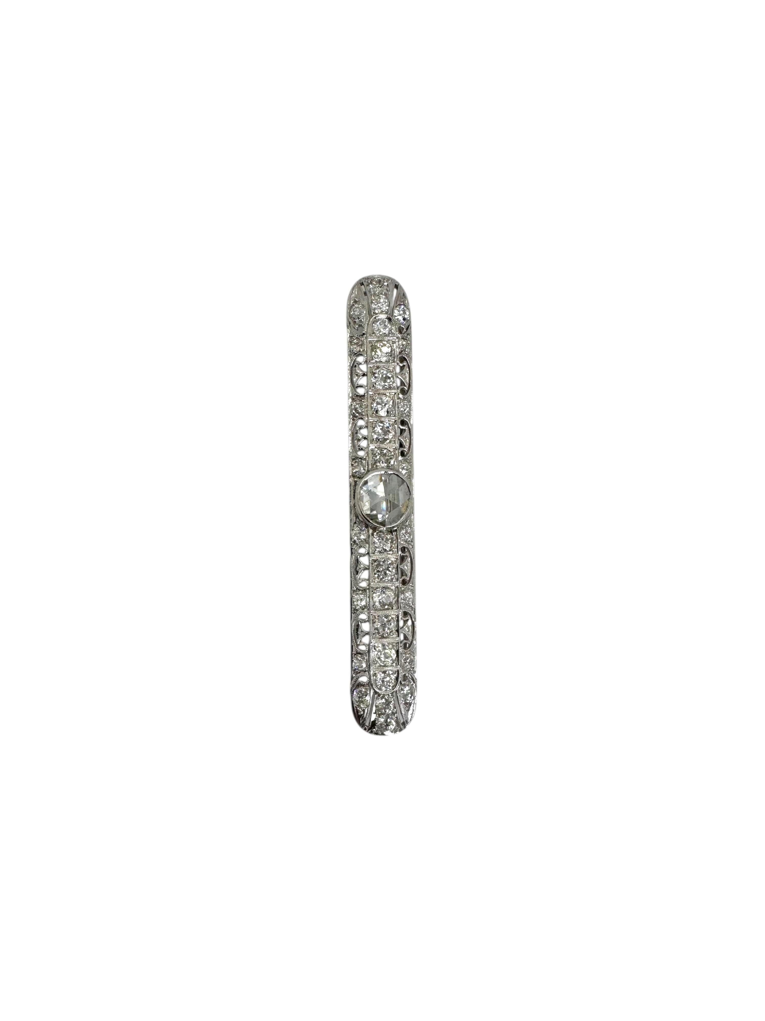 Women's or Men's Art Deco Platinum Brooch with Old Mine and Rose-Cut Diamonds For Sale