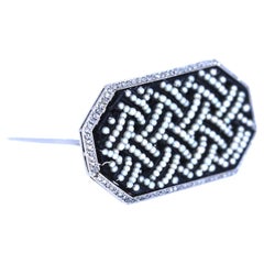 Art Deco Platinum Brooch with Seed Pearls & Rose-Cut Diamonds, 1920