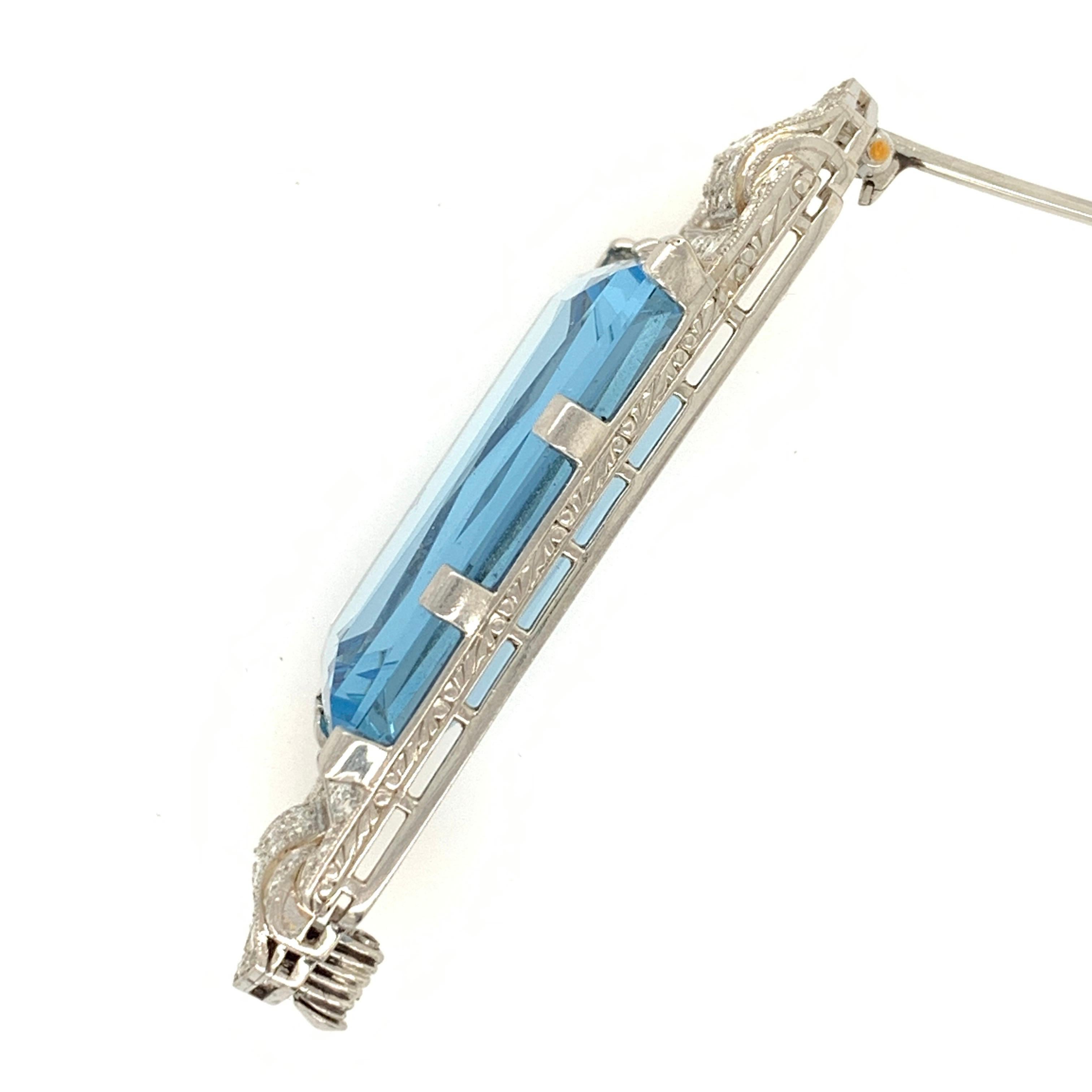 Radiant Cut Art Deco Platinum Brooch Original J.H. Werner Natural GIA Aquamarine and Diamond