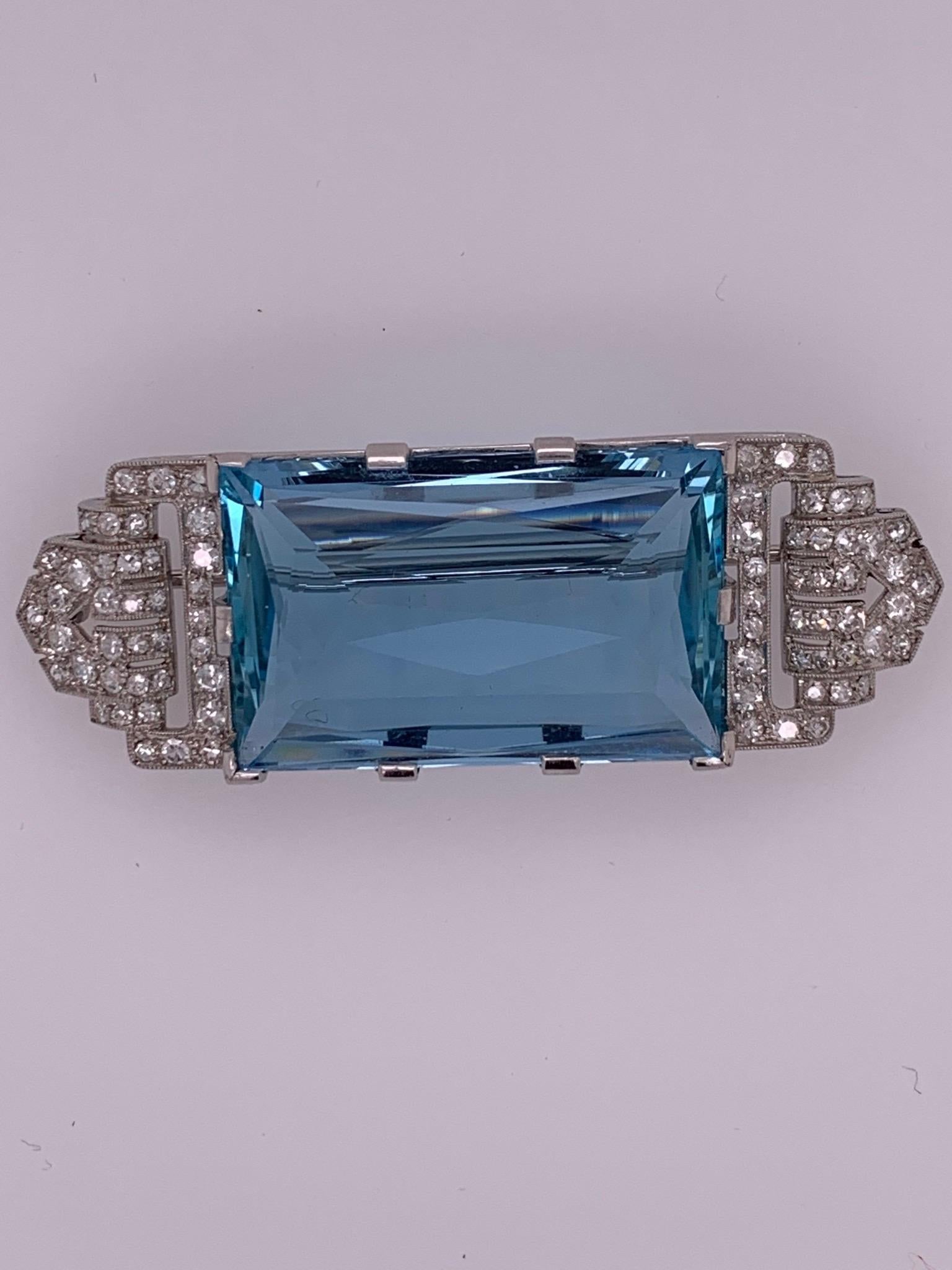 Women's Art Deco Platinum Brooch Original J.H. Werner Natural GIA Aquamarine and Diamond