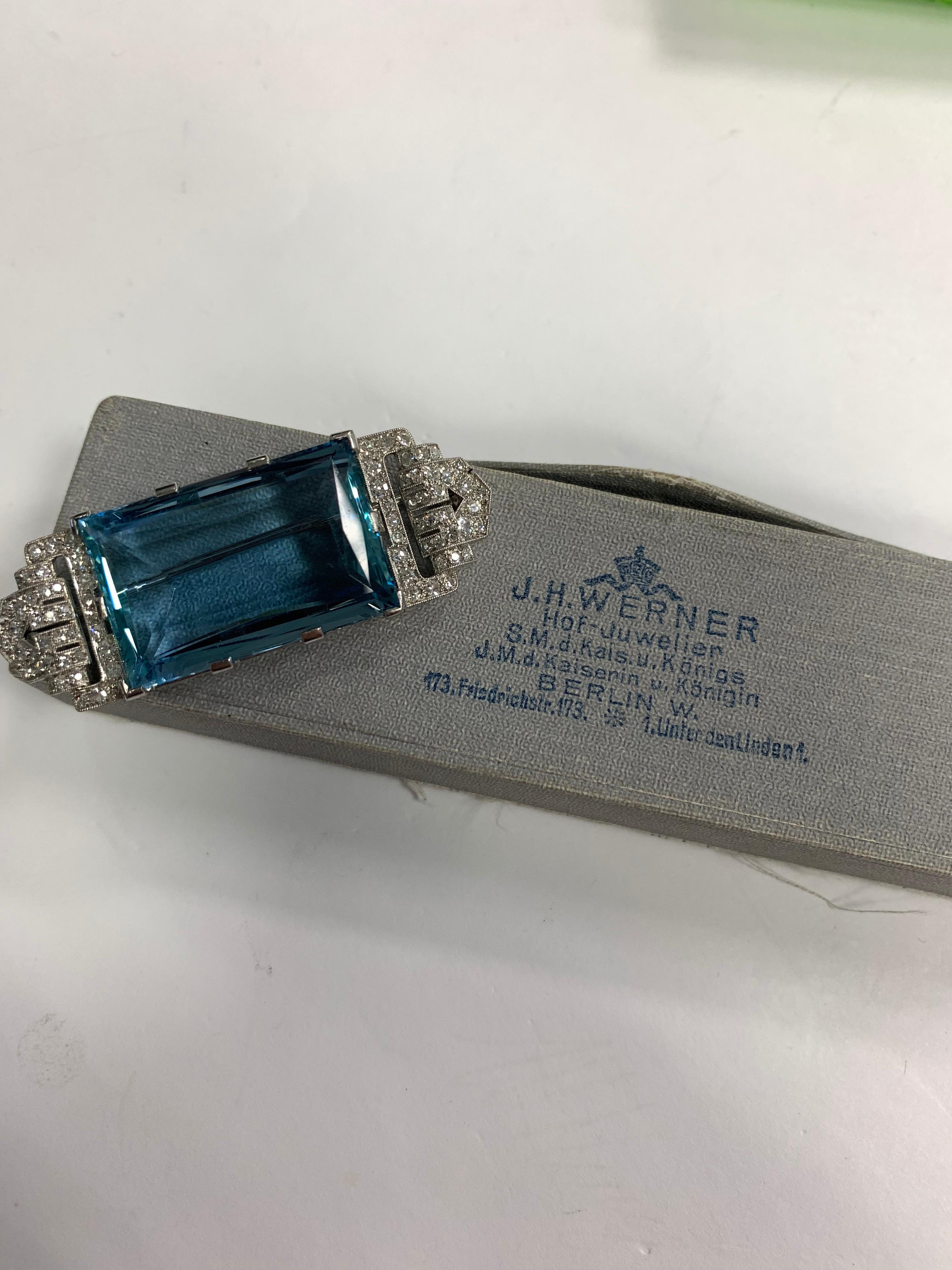 Art Deco Platinum Brooch Original J.H. Werner Natural GIA Aquamarine and Diamond 2