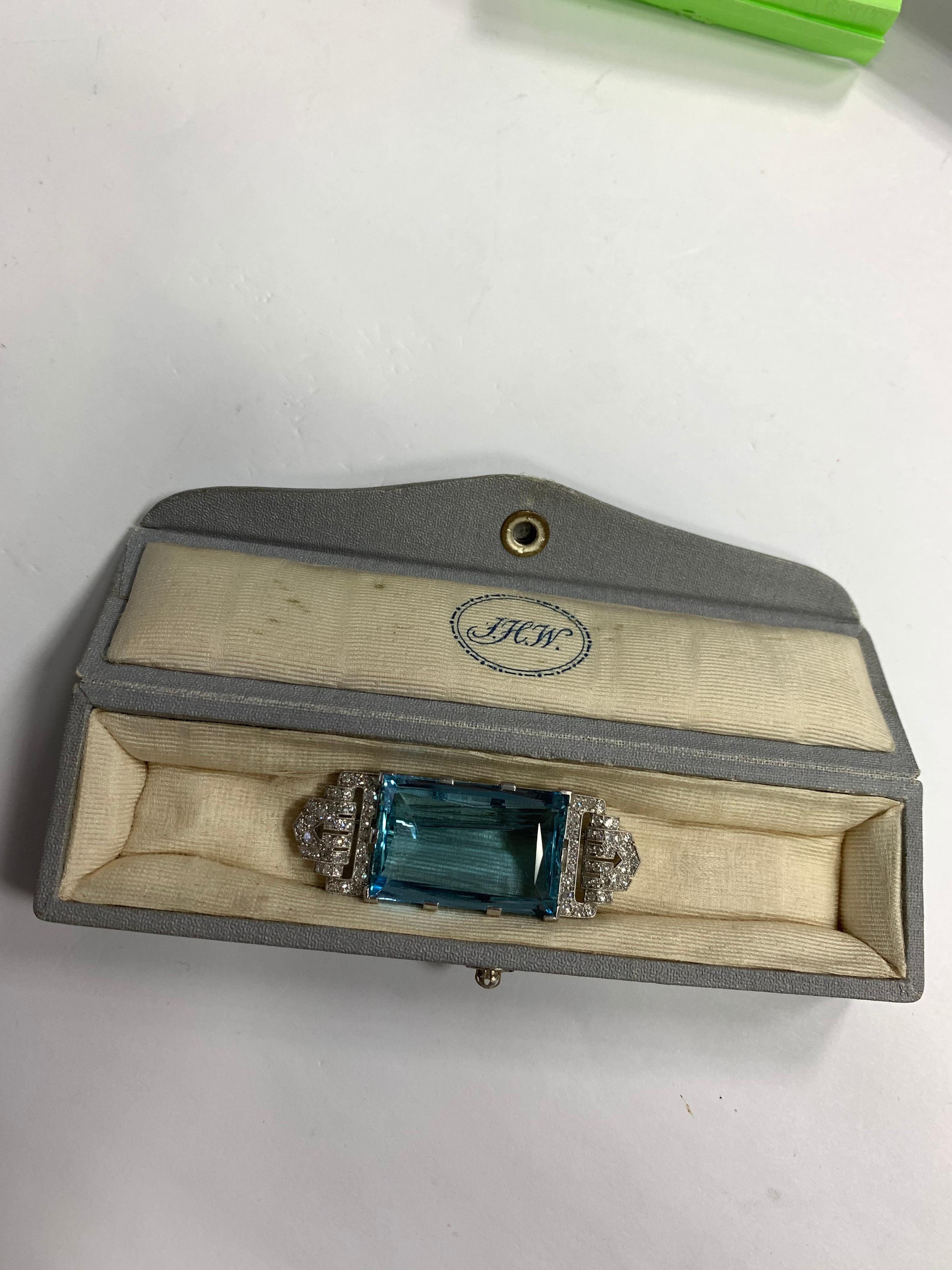 Art Deco Platinum Brooch Original J.H. Werner Natural GIA Aquamarine and Diamond 3