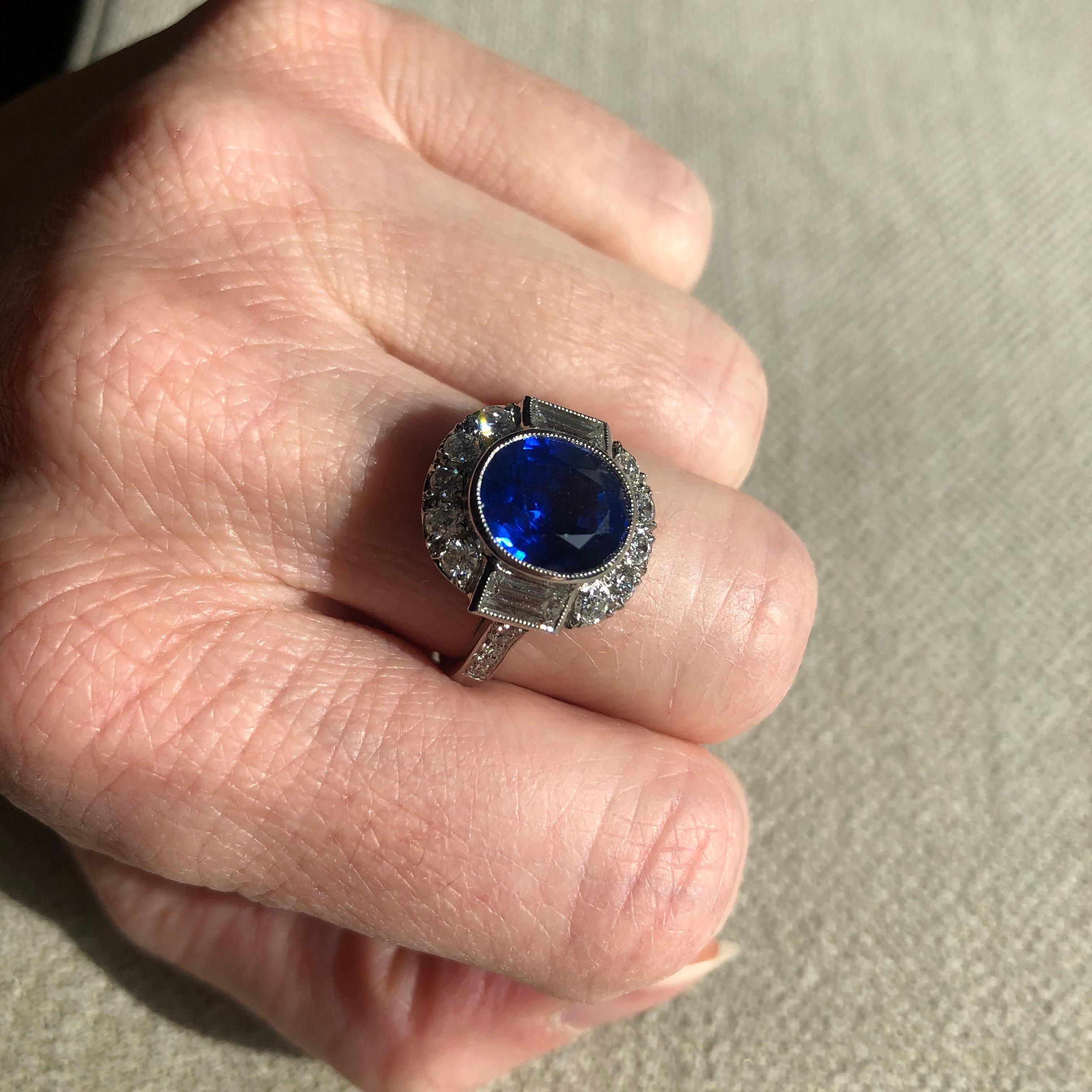 Art Deco Platinum Burma Sapphire Diamond Cocktail/Engagement Ring For Sale 3