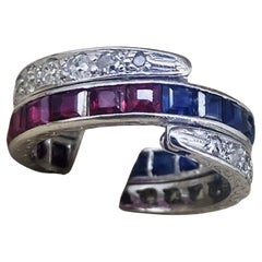 Art-Deco Platinum Burmese Ruby, Sapphire Diamond Reversible Swivel Eternity Band