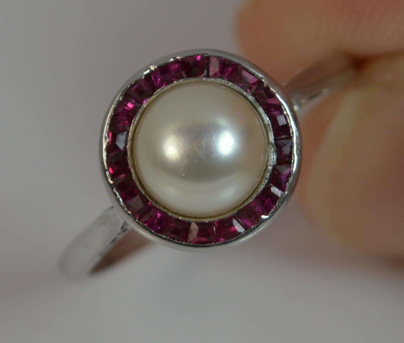 Art Deco Platinum Button Pearl and Ruby Halo Cluster Ring 7