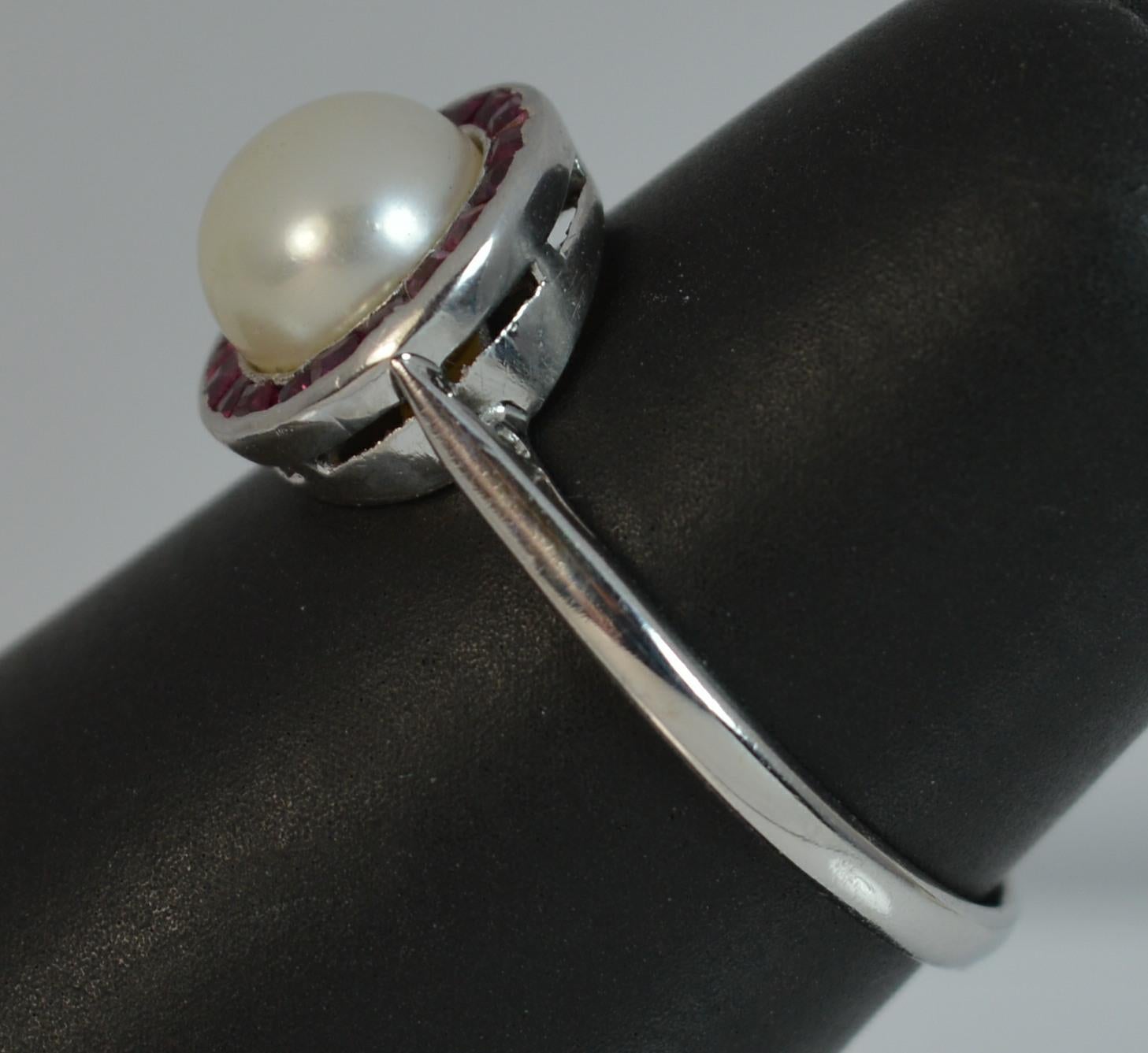 Art Deco Platinum Button Pearl and Ruby Halo Cluster Ring 8