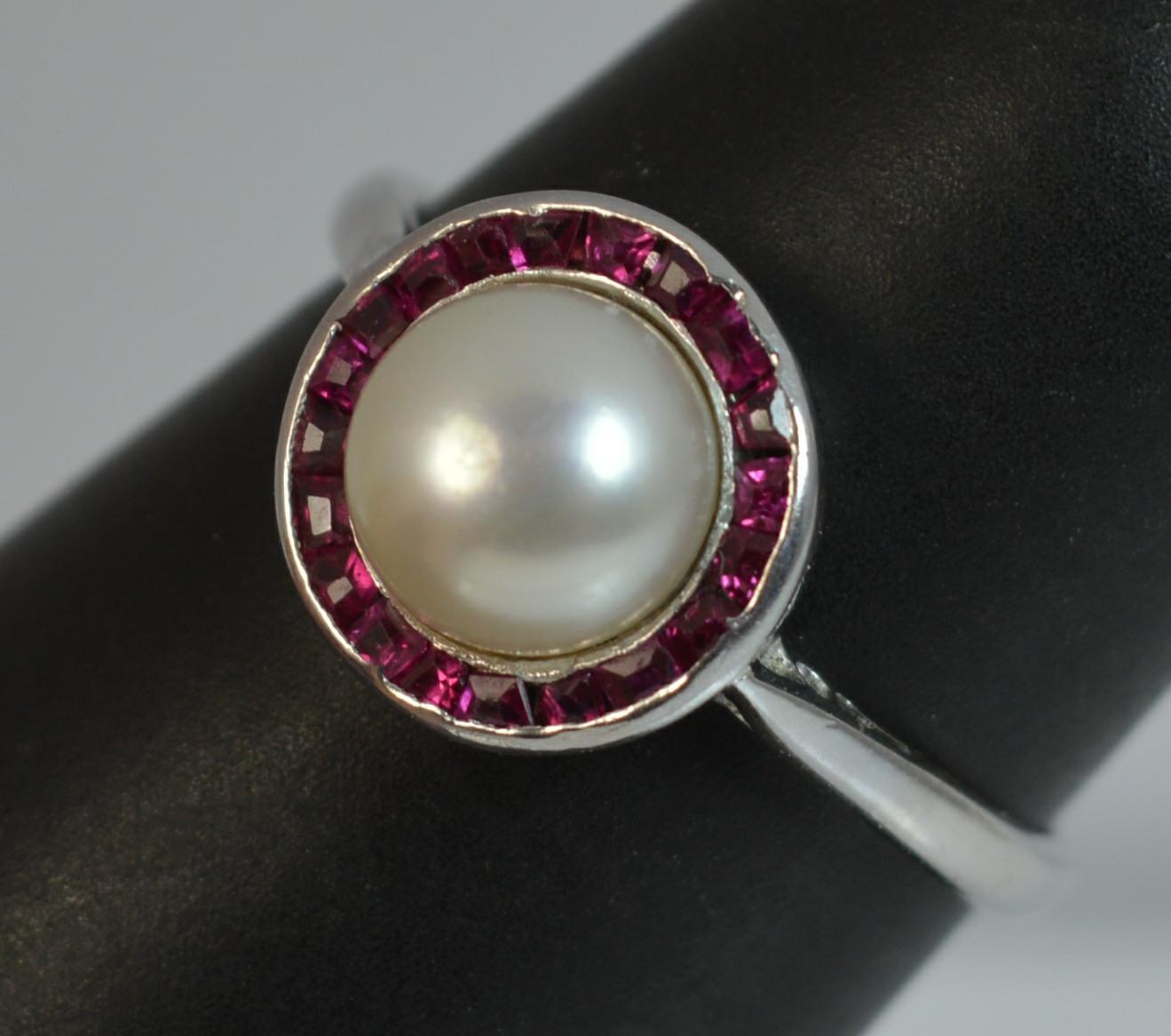 Art Deco Platinum Button Pearl and Ruby Halo Cluster Ring 9