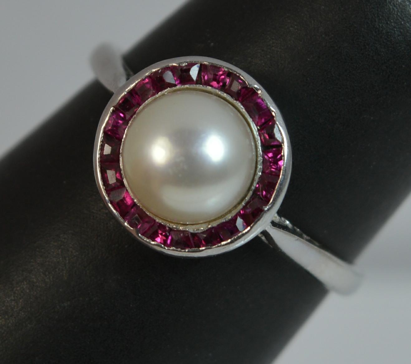 Art Deco Platinum Button Pearl and Ruby Halo Cluster Ring 10