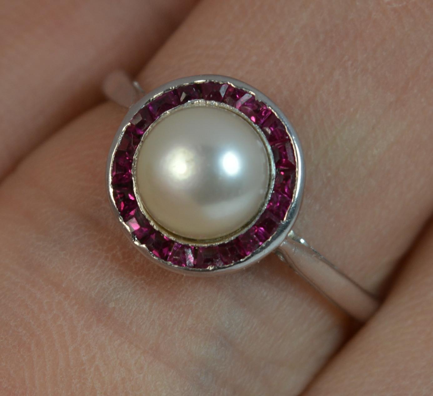 Women's Art Deco Platinum Button Pearl and Ruby Halo Cluster Ring