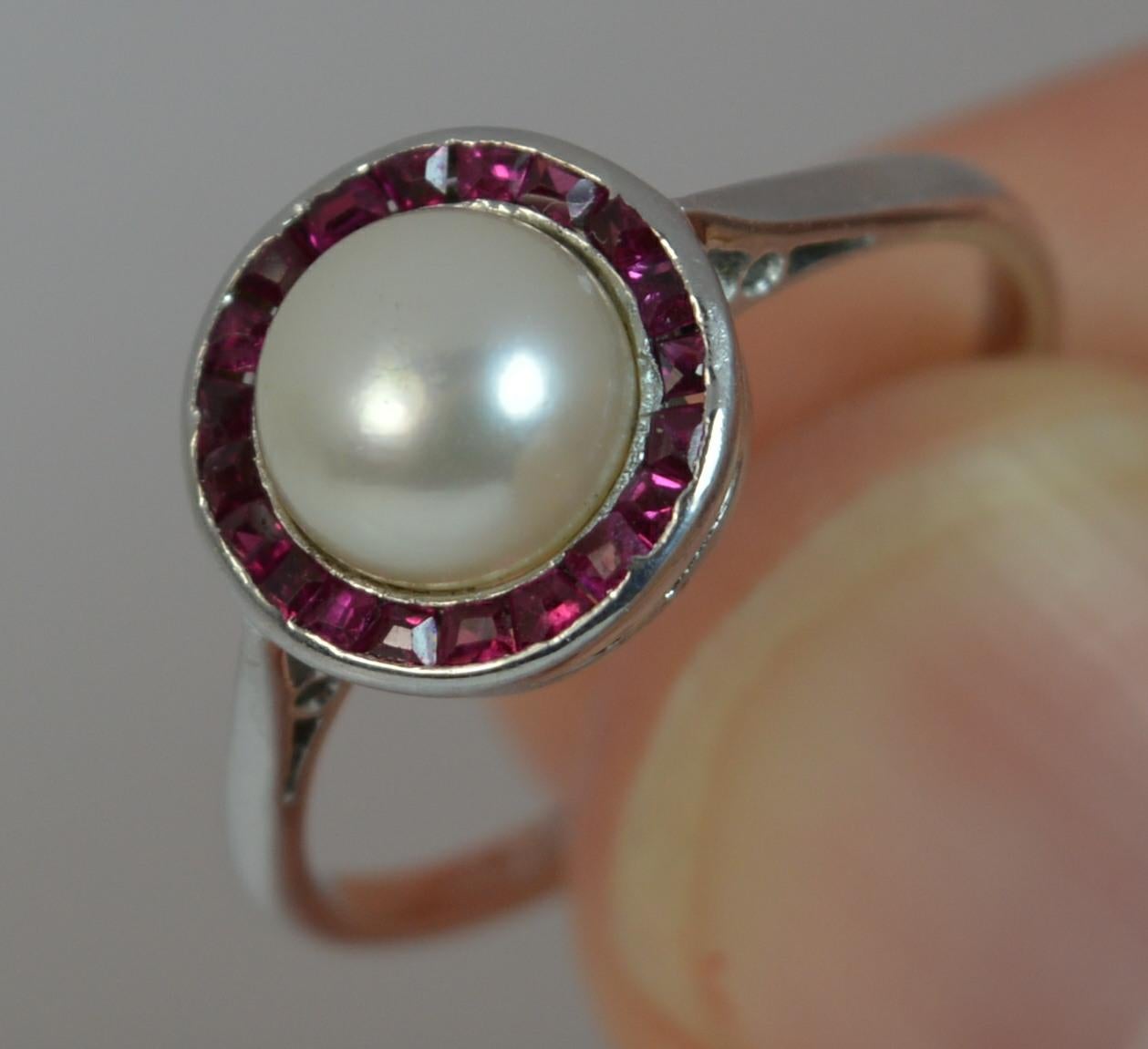 Art Deco Platinum Button Pearl and Ruby Halo Cluster Ring 2