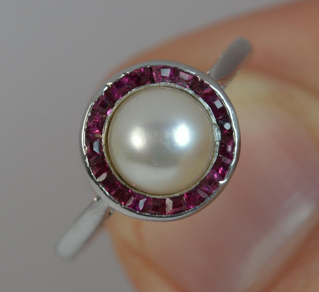 Art Deco Platinum Button Pearl and Ruby Halo Cluster Ring 3