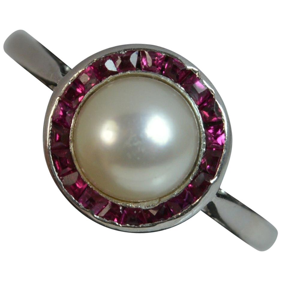 Art Deco Platinum Button Pearl and Ruby Halo Cluster Ring