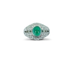 Art Deco Platinum Cabochon Emerald Diamond Ring, 1930s