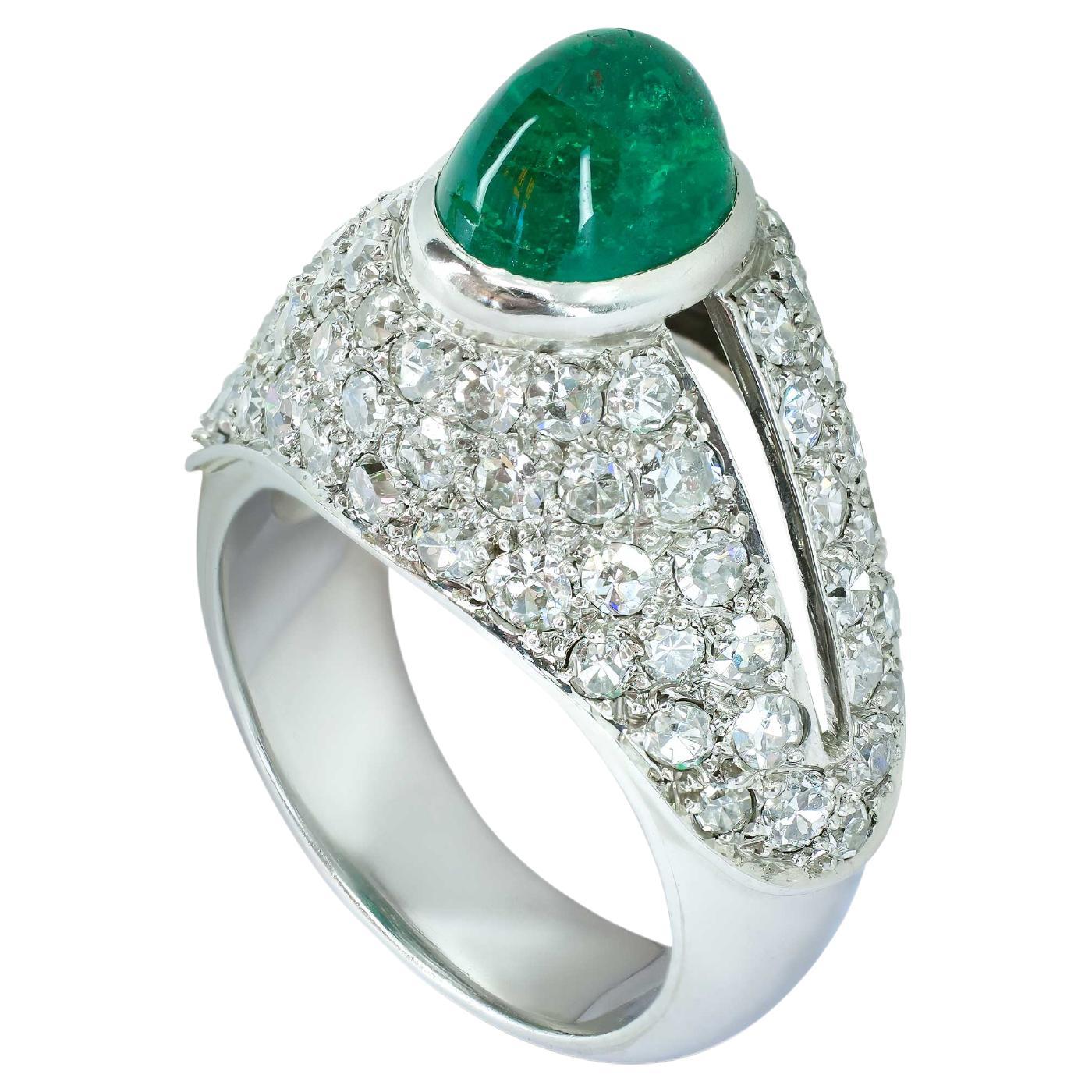 Art Deco Platin Cabochon Smaragd Diamant Ring, 1930er Jahre