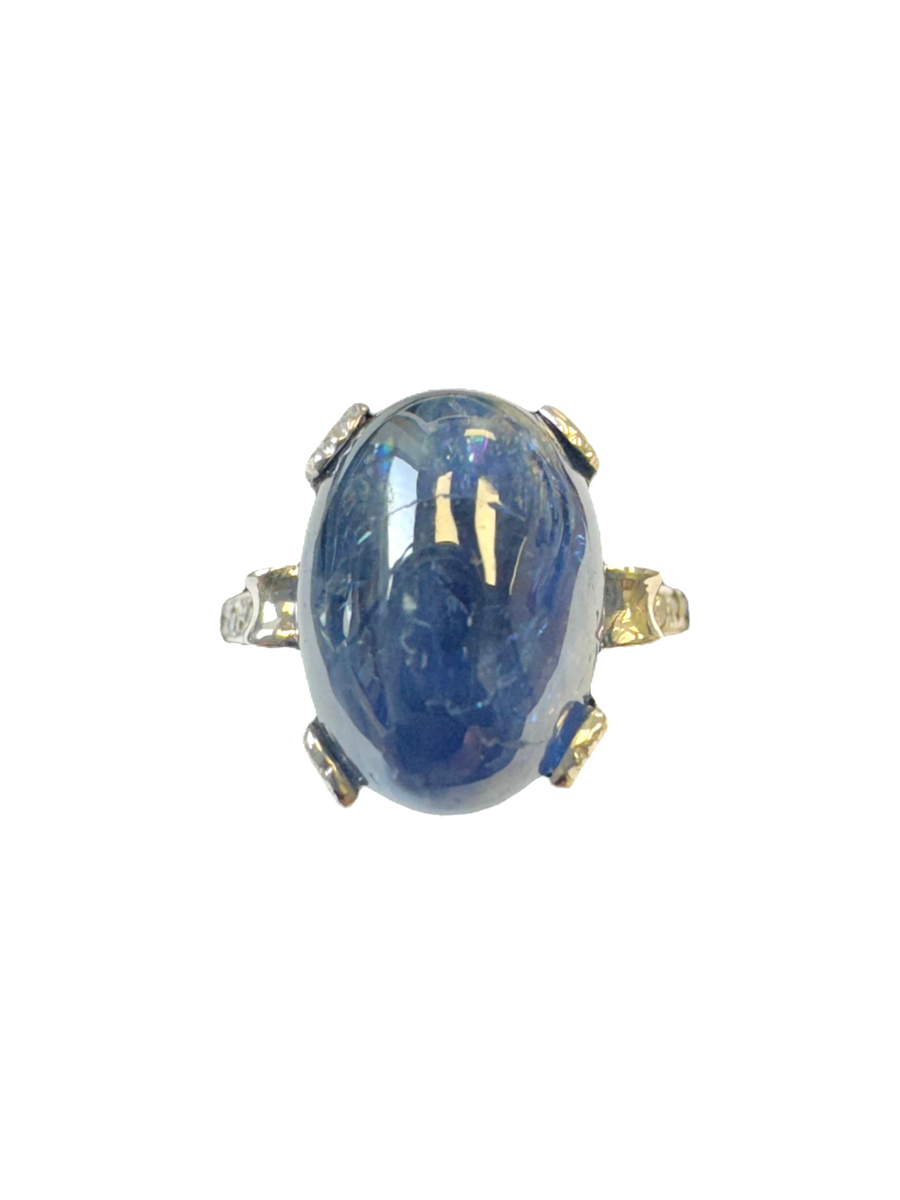 Art Deco Platinum Cabochon Sapphire and Diamond Ring For Sale 1