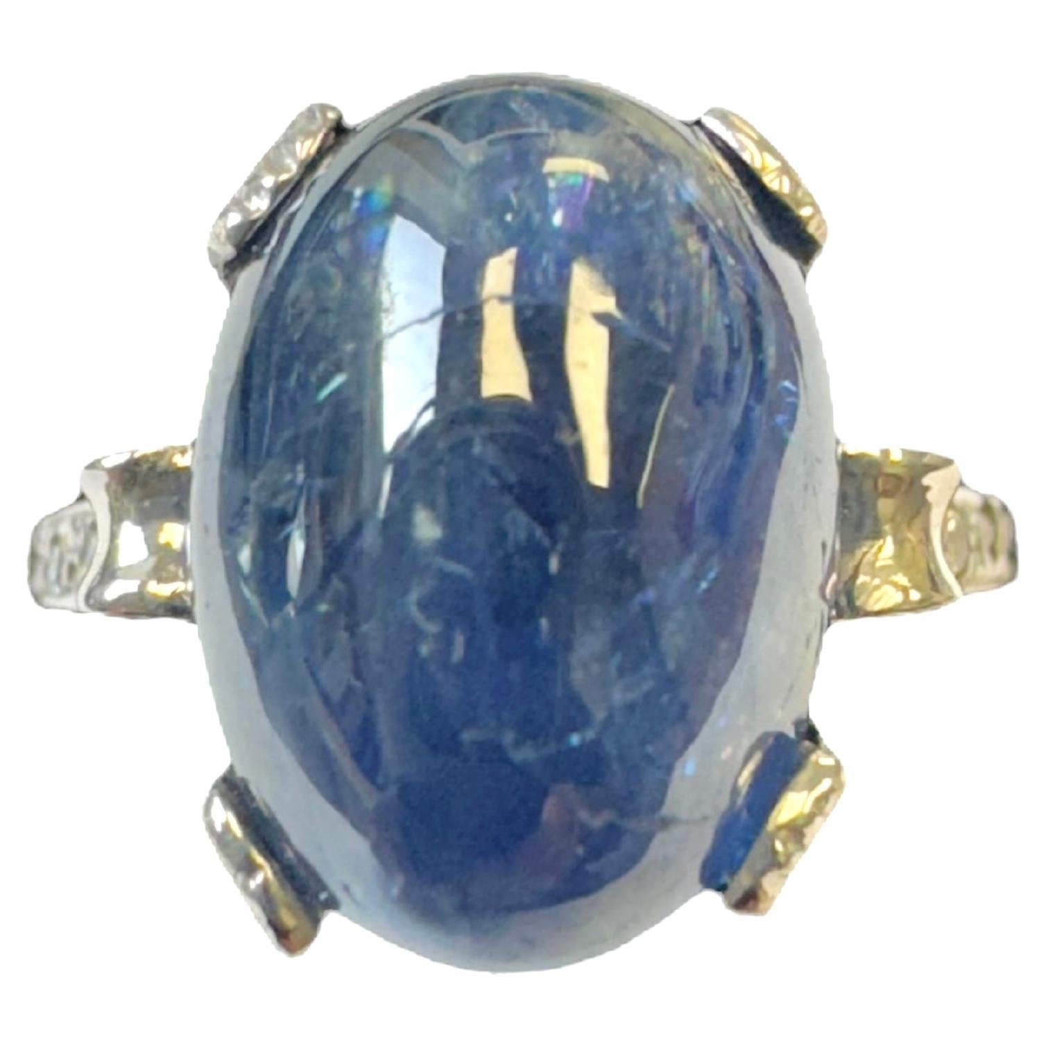 Art Deco Platinum Cabochon Sapphire and Diamond Ring For Sale