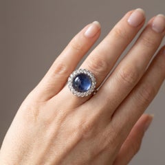 Art Deco Platinum Cabochon Sapphire & Diamond Cluster Ring, Approx. 4.00 ct