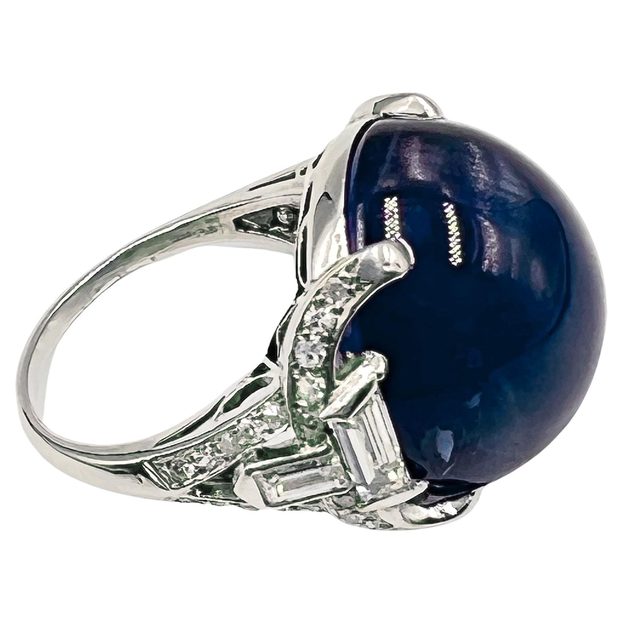 Art Deco Platinum Cabochon Sapphire Diamond Ring In Excellent Condition For Sale In Palm Beach, FL