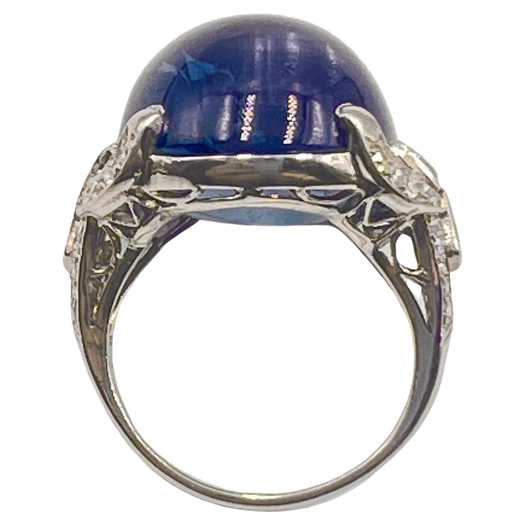 Women's Art Deco Platinum Cabochon Sapphire Diamond Ring For Sale