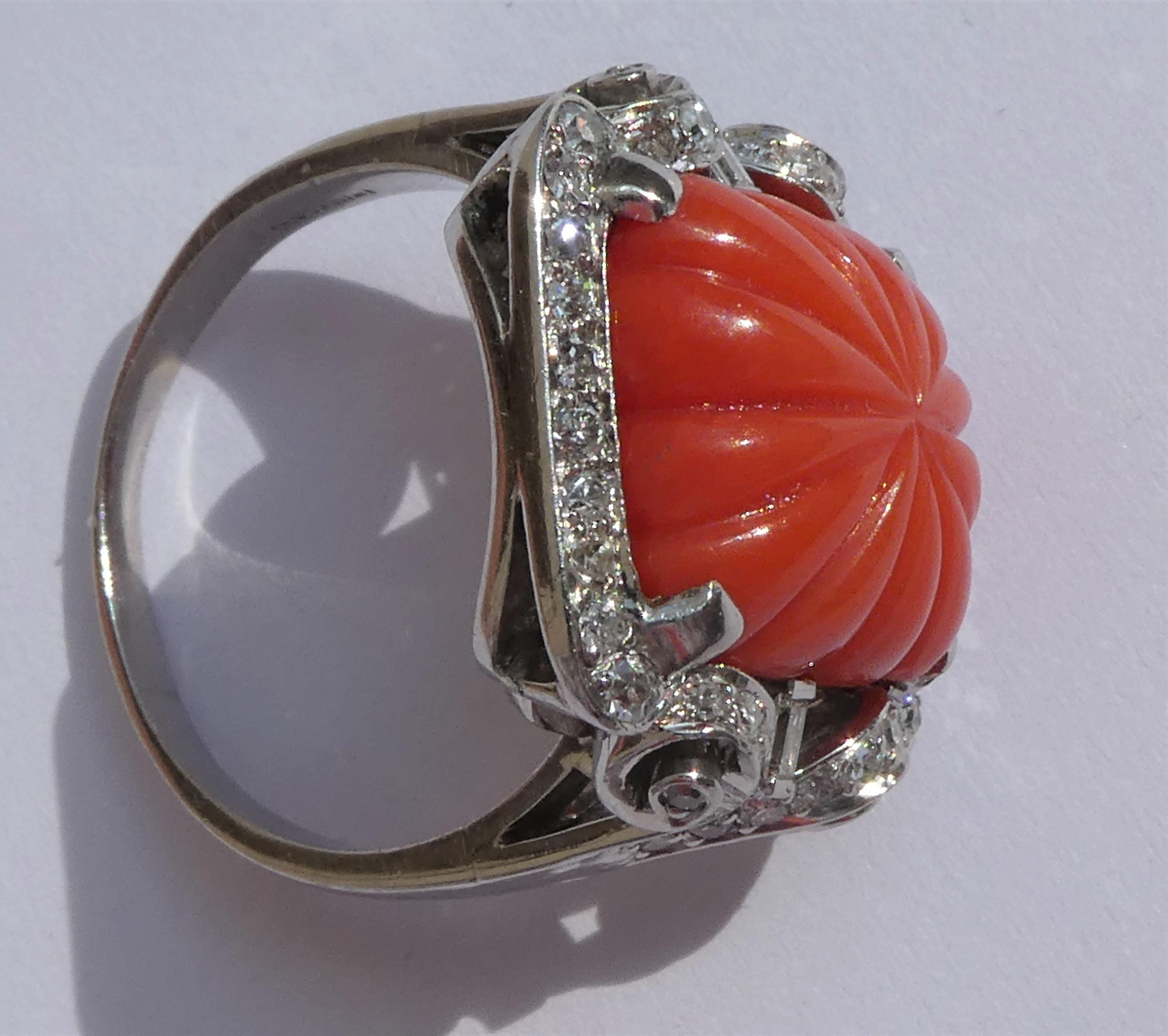 Art Deco Platinum Carved Domed Sardegna Coral Diamond Ring In Excellent Condition For Sale In Munich, DE