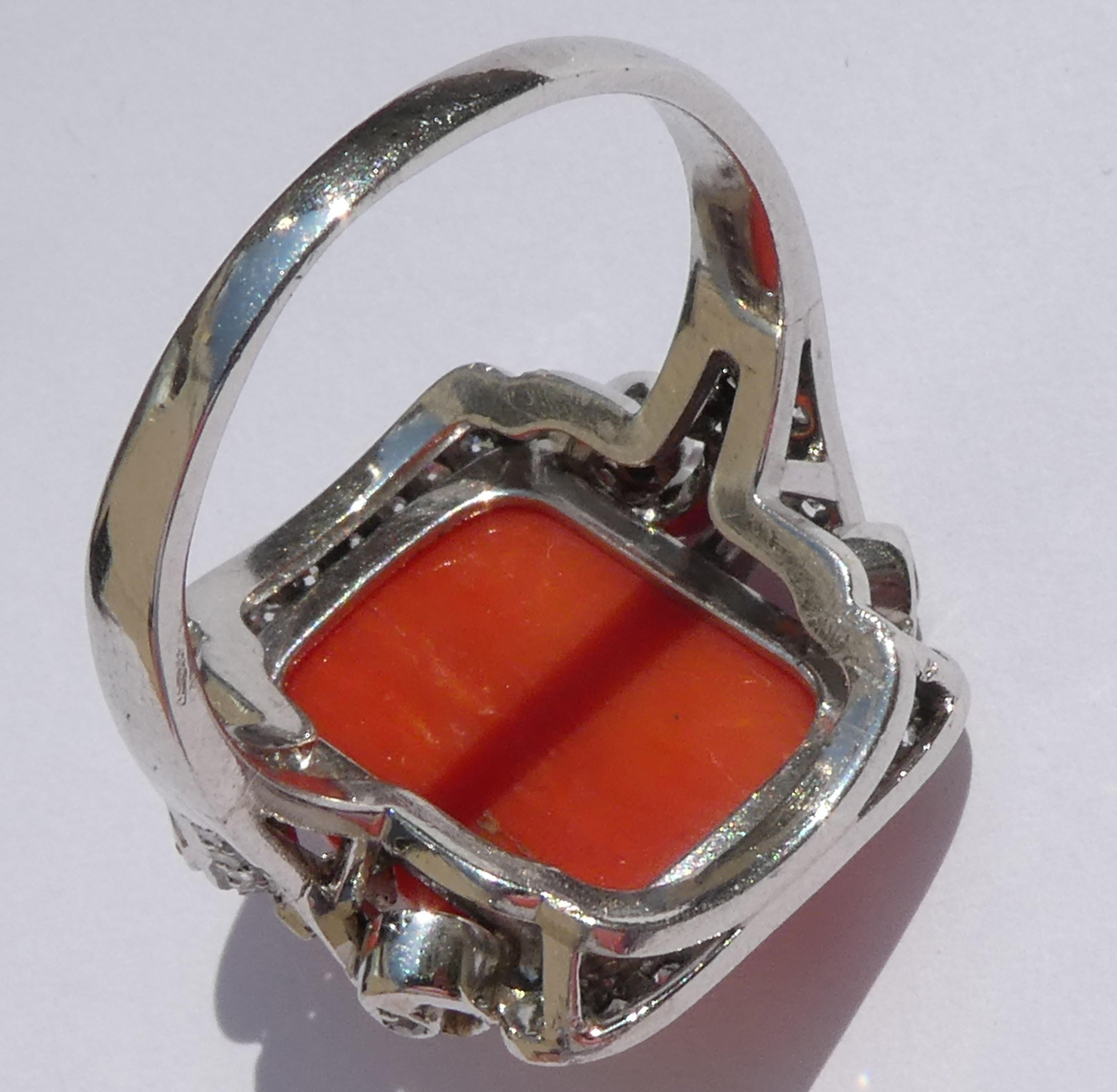 Women's Art Deco Platinum Carved Domed Sardegna Coral Diamond Ring For Sale