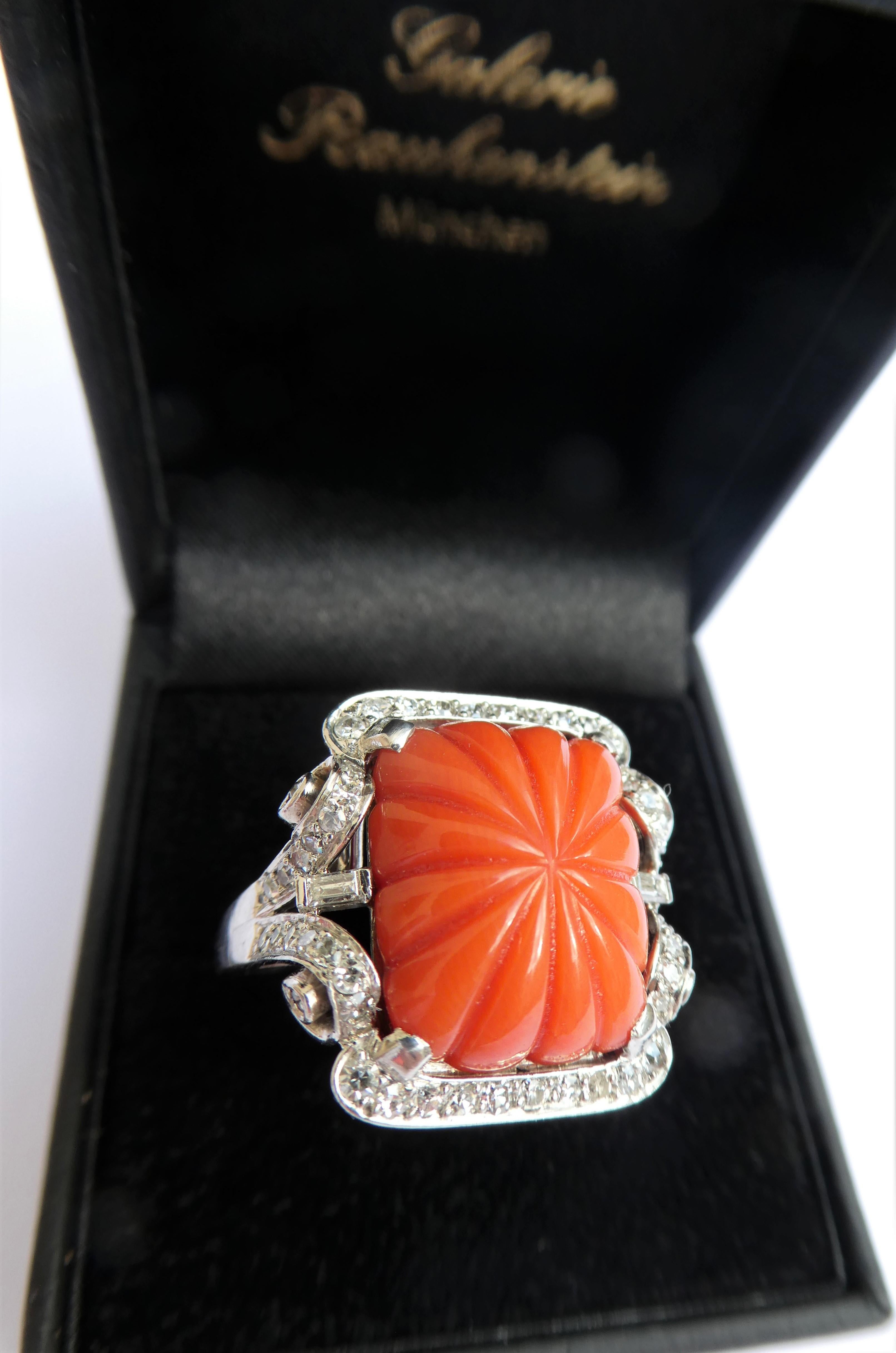 Art Deco Platinum Carved Domed Sardegna Coral Diamond Ring For Sale 1