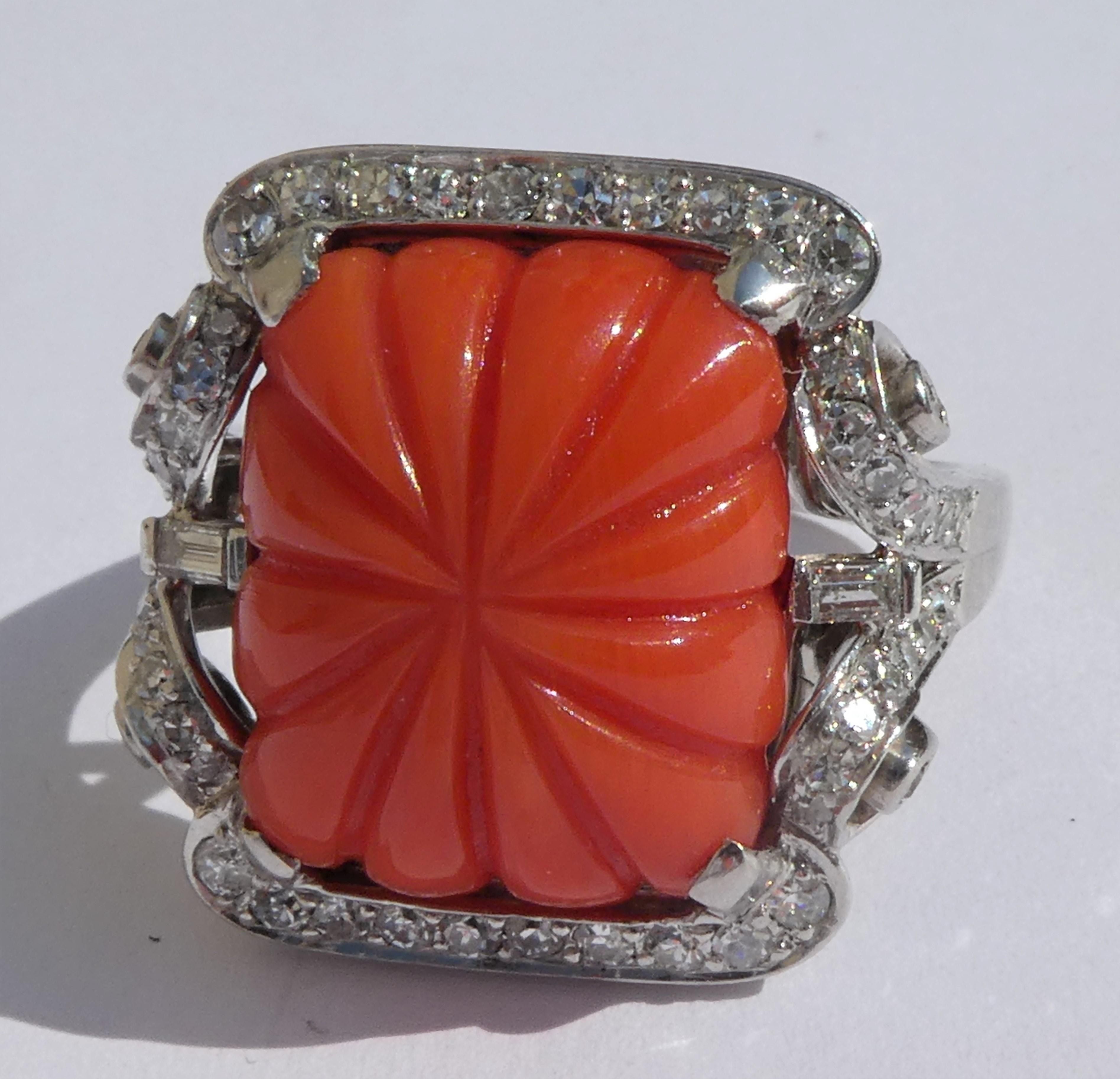 Art Deco Platinum Carved Domed Sardegna Coral Diamond Ring For Sale 3