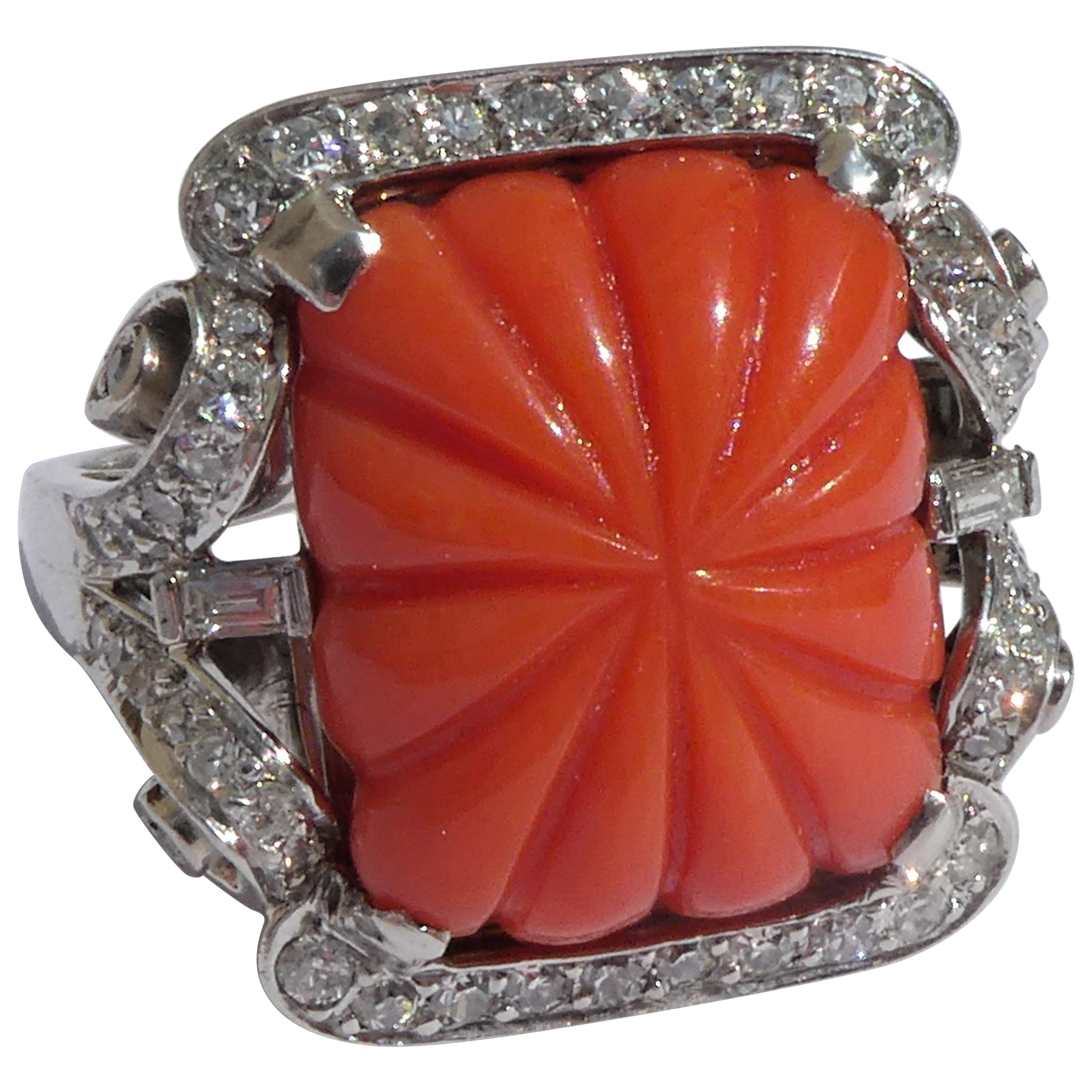 Art Deco Platinum Carved Domed Sardegna Coral Diamond Ring For Sale