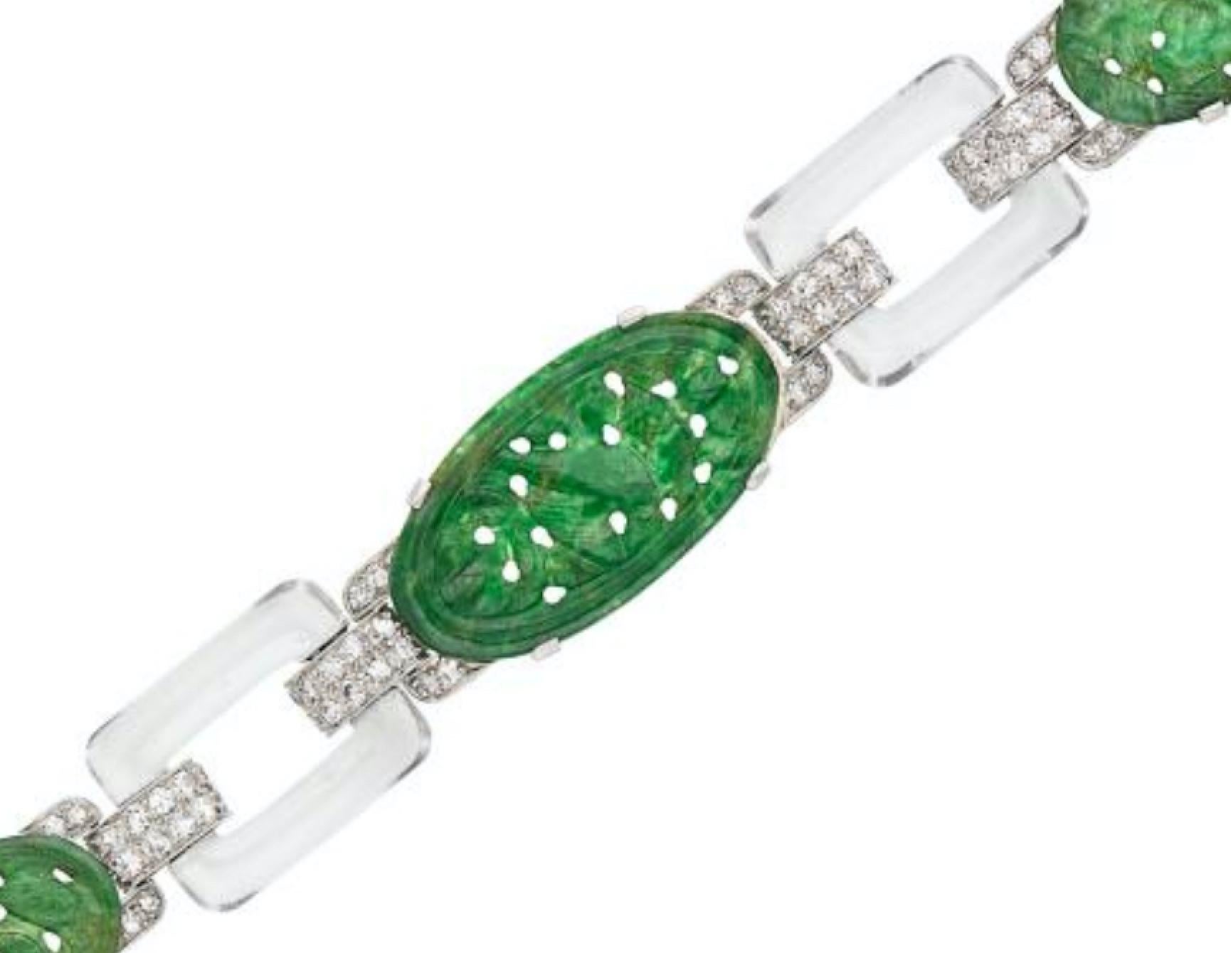 Round Cut Art Deco Platinum, Carved Natural Jade, Rock Crystal and Diamond Bracelet For Sale