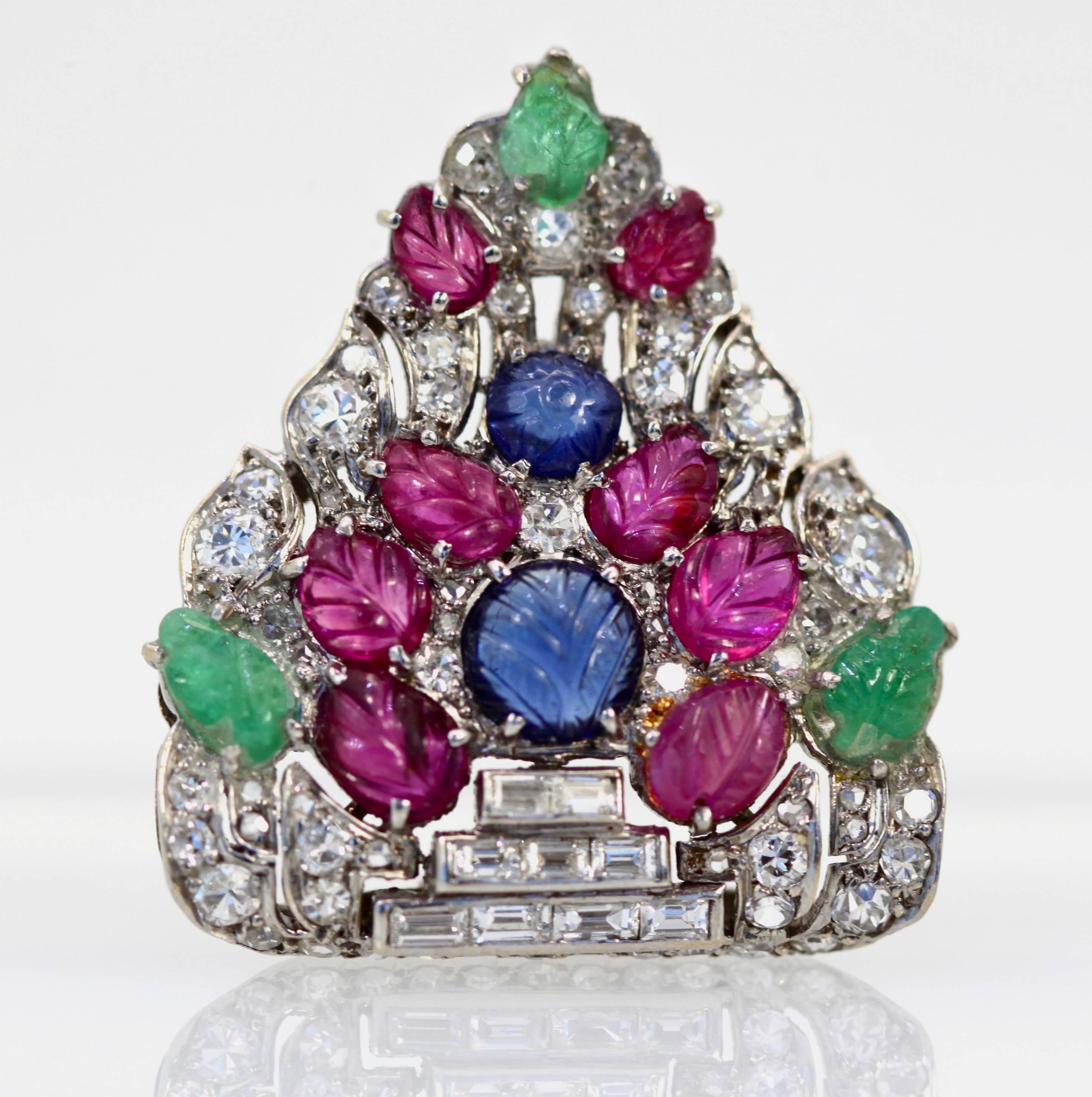 Art Deco Platinum Carved Ruby, Sapphire, Emerald, Diamond Brooch In Good Condition In North Hollywood, CA