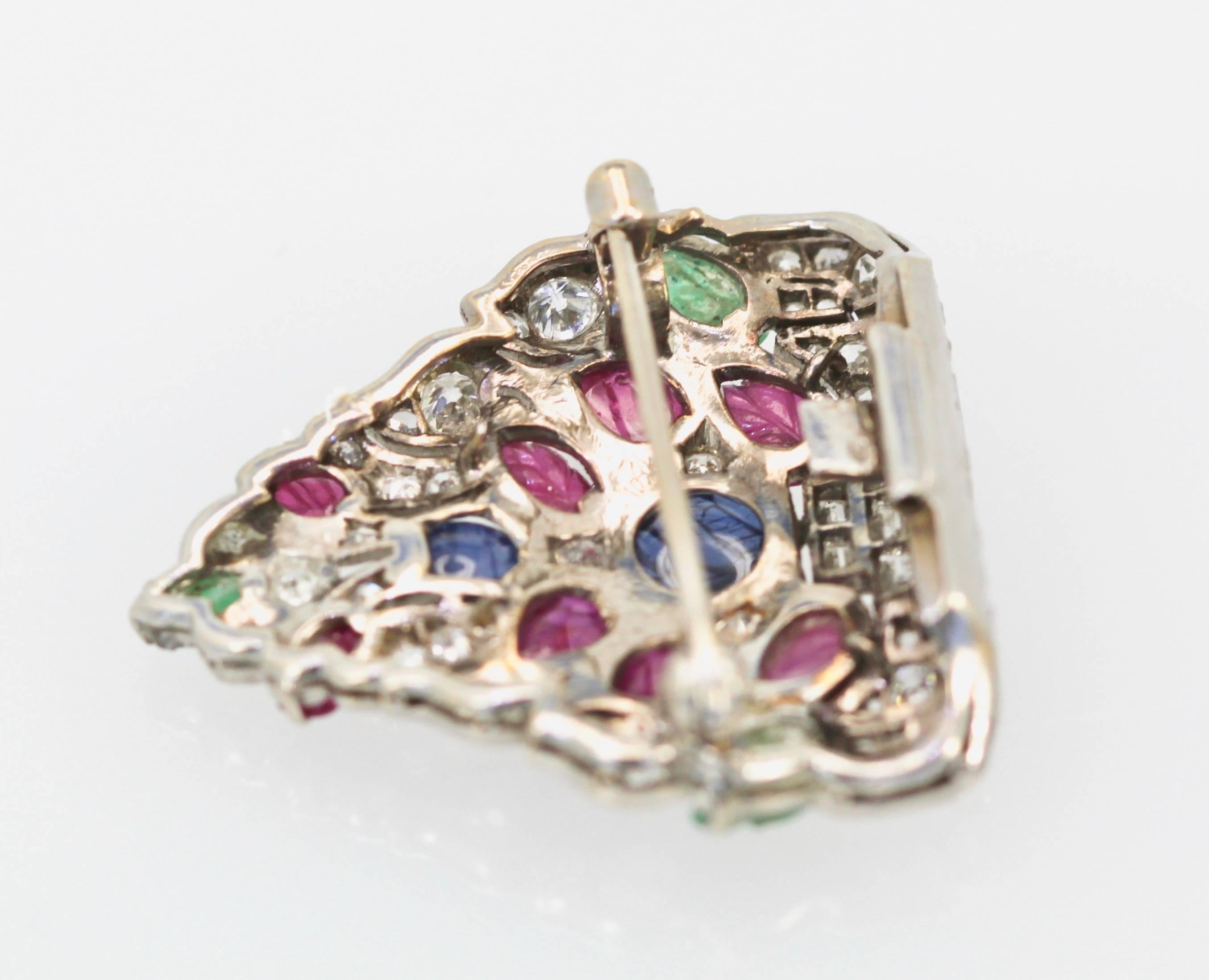 Women's or Men's Art Deco Platinum Carved Ruby, Sapphire, Emerald, Diamond Brooch