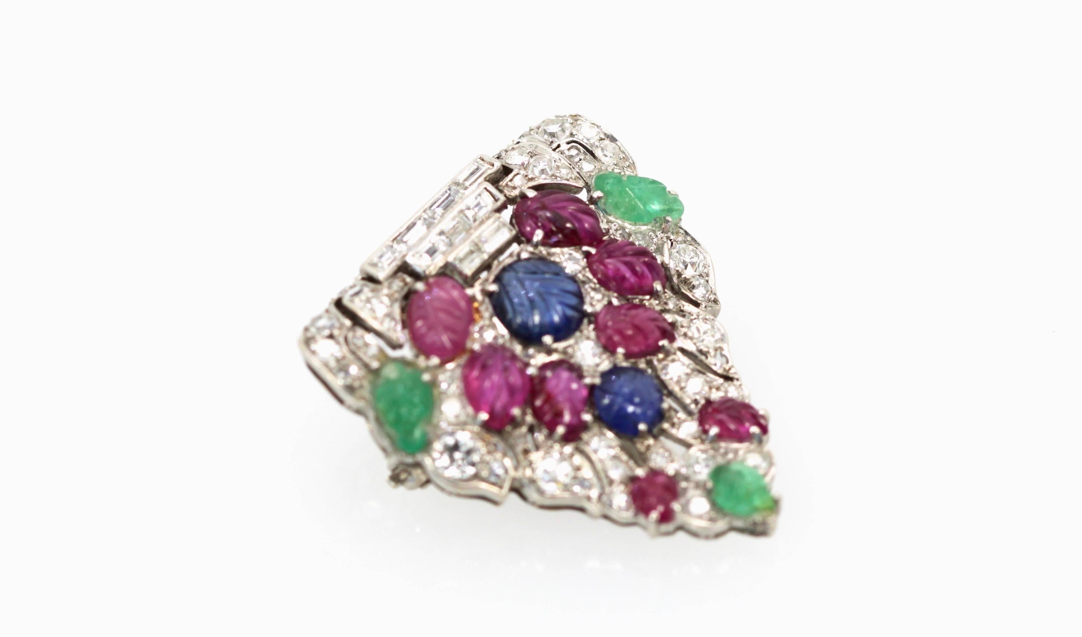 Art Deco Platinum Carved Ruby, Sapphire, Emerald, Diamond Brooch 1