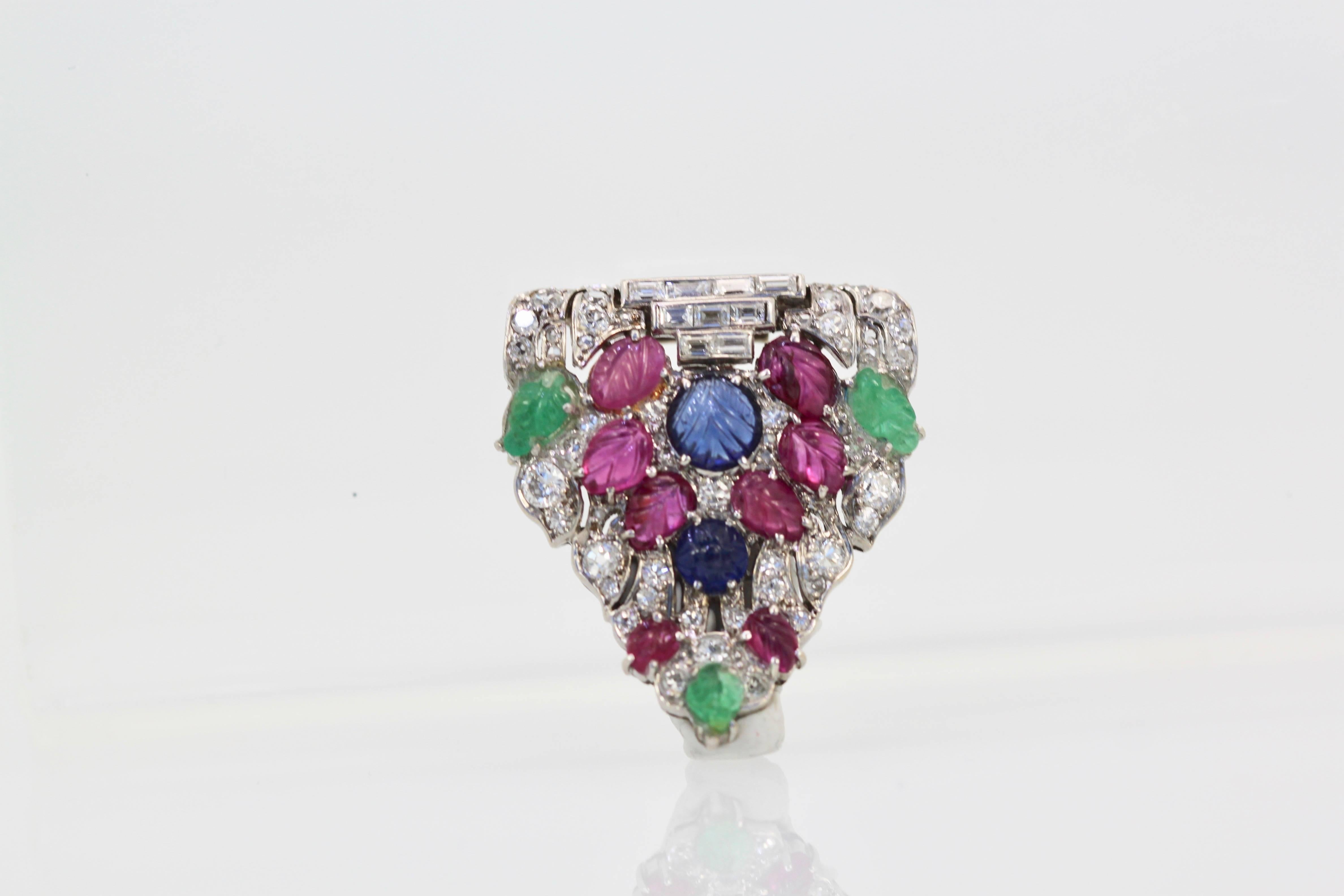 Art Deco Platinum Carved Ruby, Sapphire, Emerald, Diamond Brooch 2
