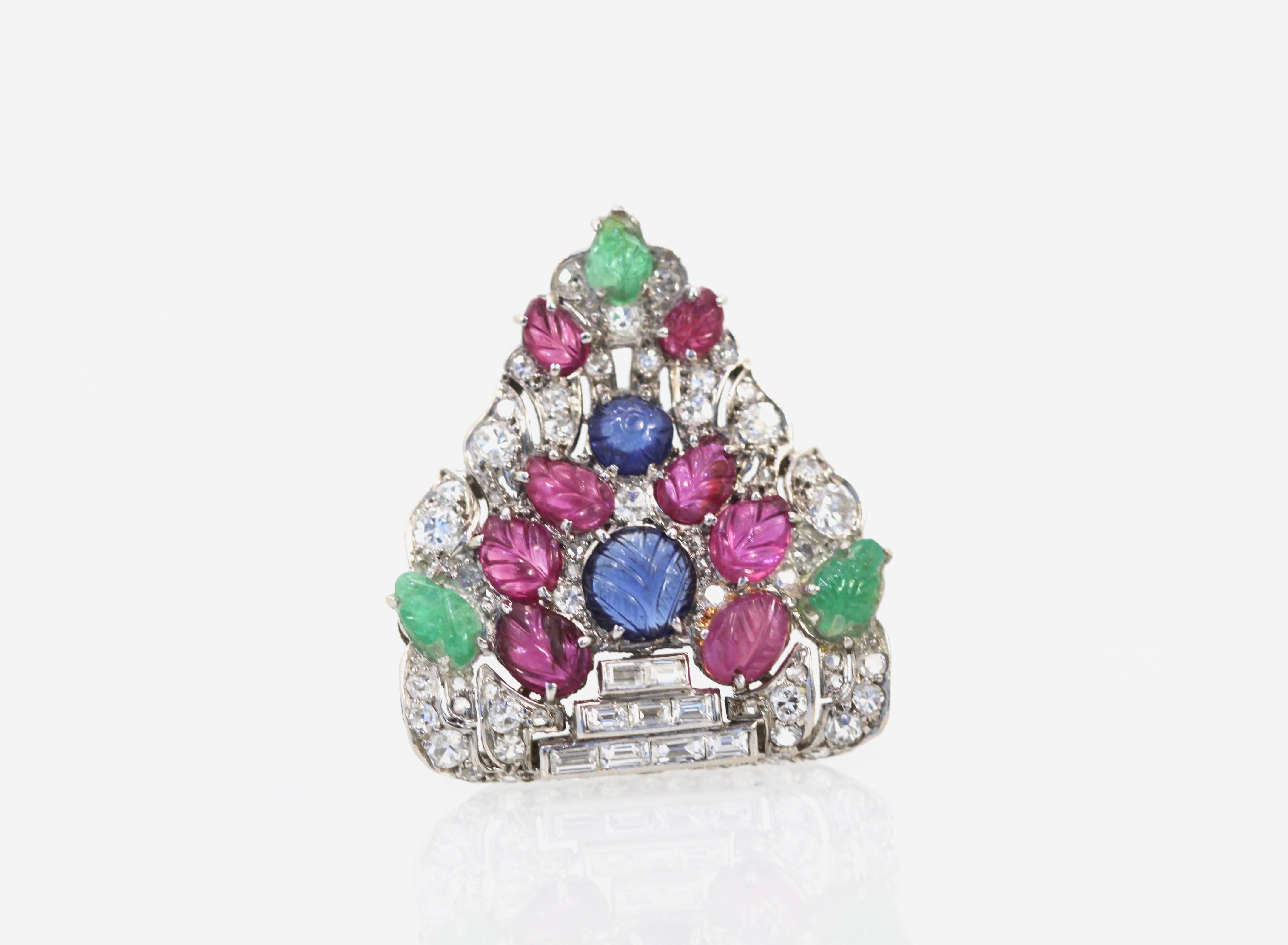 Art Deco Platinum Carved Ruby, Sapphire, Emerald, Diamond Brooch 3