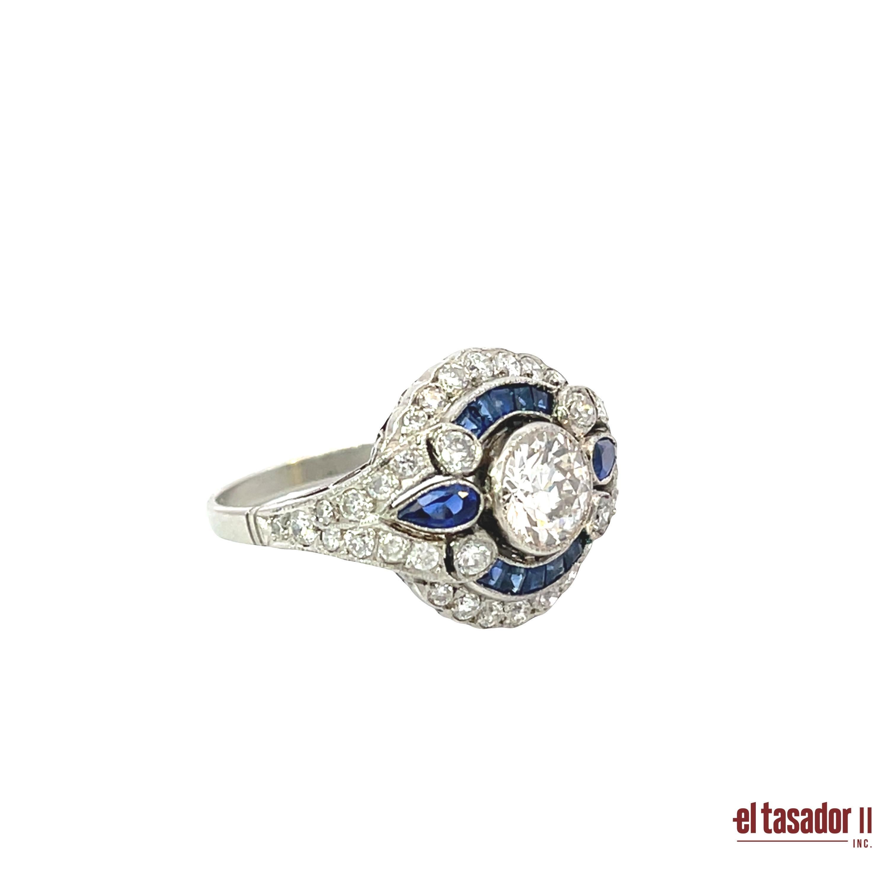 Art Deco Platin Ceylon Saphir & Diamant Ring (Art déco) im Angebot